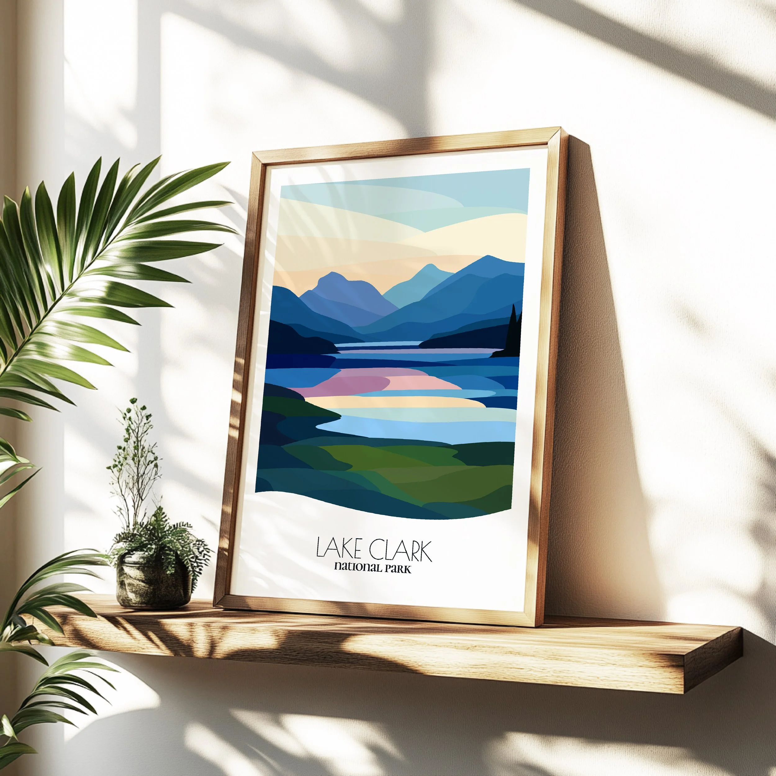Minimalist travel poster of Lake Clark National Park with clean modern design for travelers.