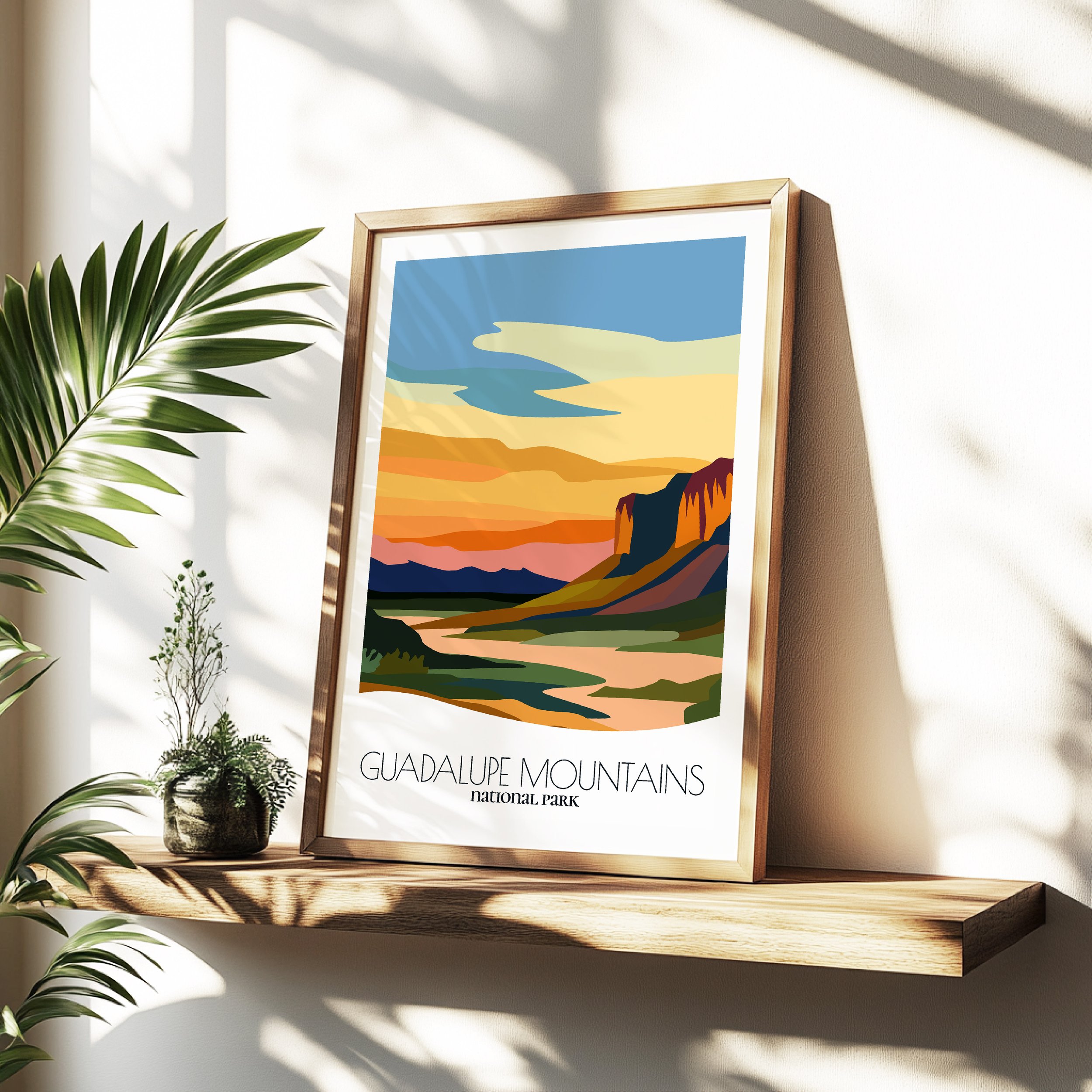 Minimalist travel poster of Guadalupe Mountains National Park with clean modern design for travelers.
