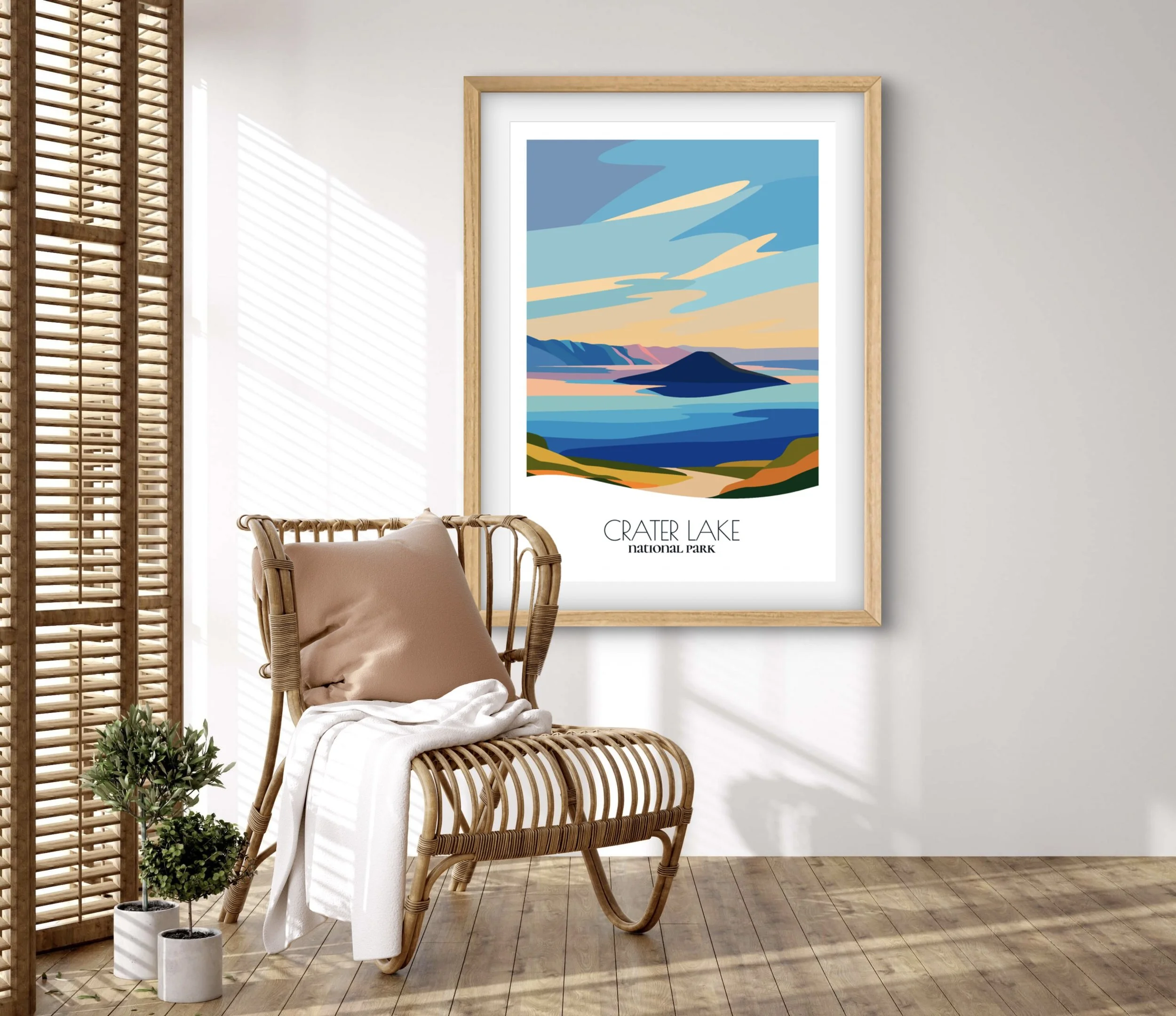 Retravell minimalist poster of Crater Lake National Park, branded travel art for collectors and fans.
