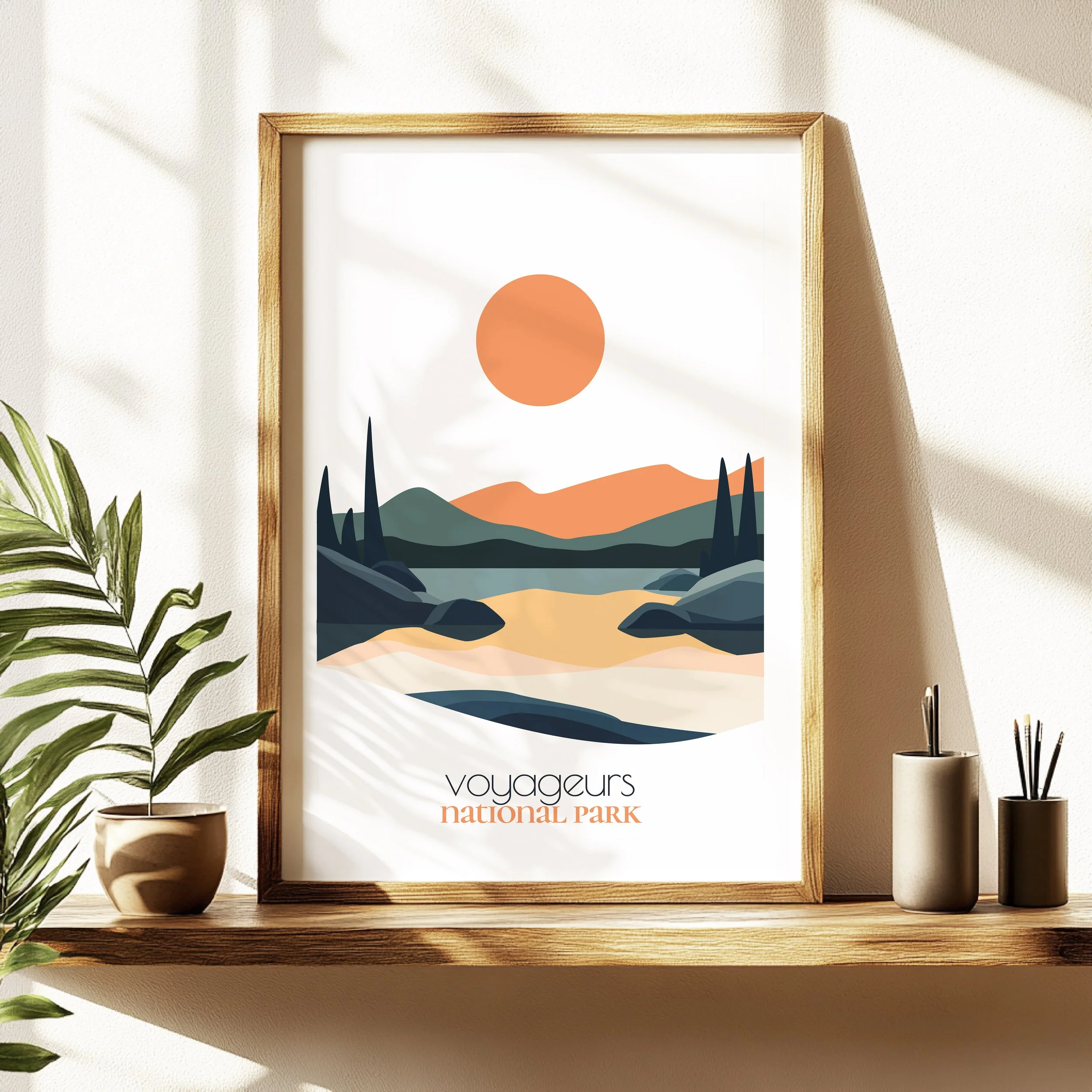 voyageurs travel poster in a minimalist living room design