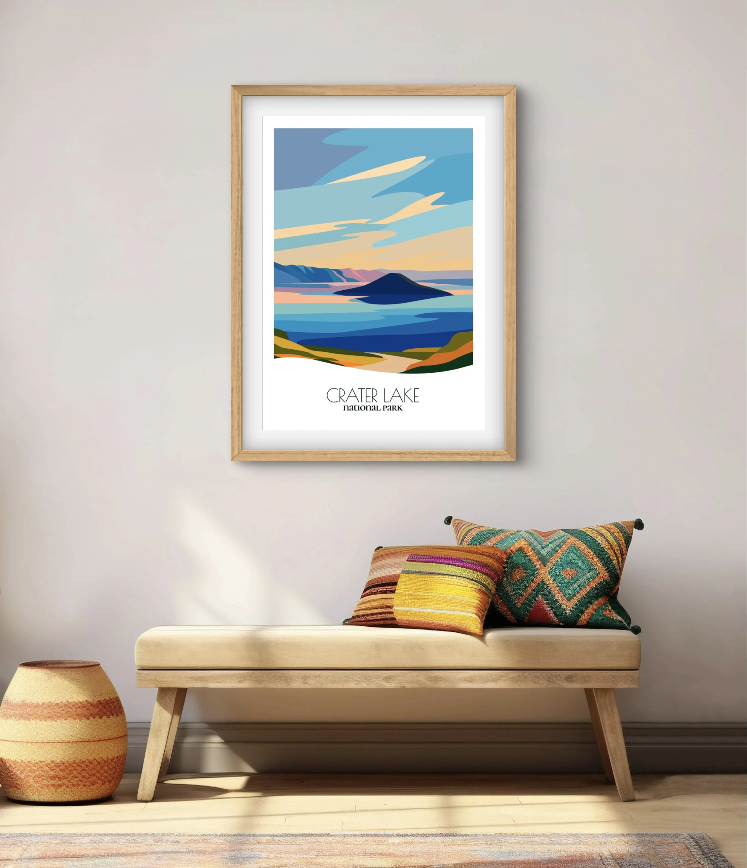 Modern minimalist art of Crater Lake National Park, versatile decor for home and office.