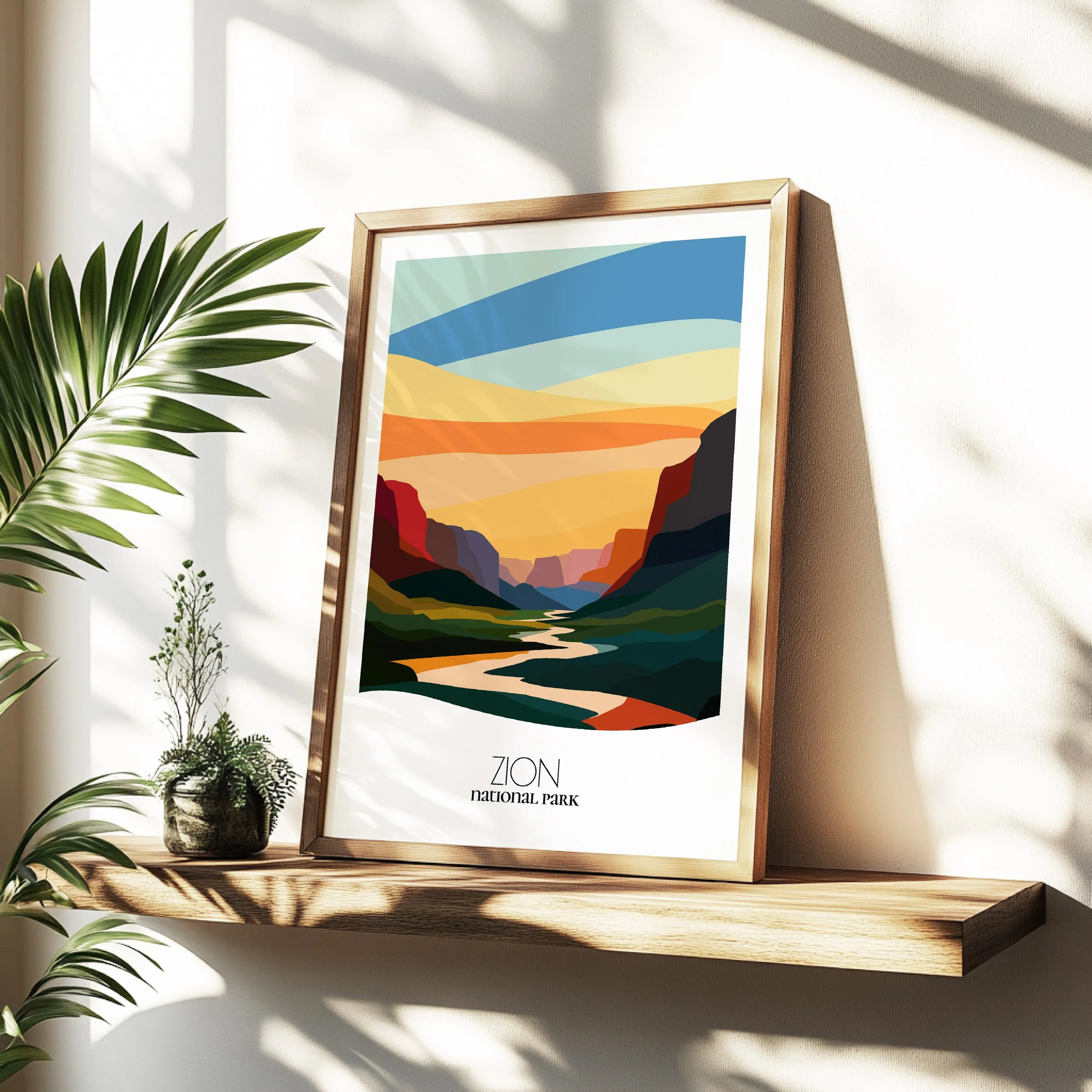 Minimalist travel poster of Zion National Park with clean modern design for travelers.