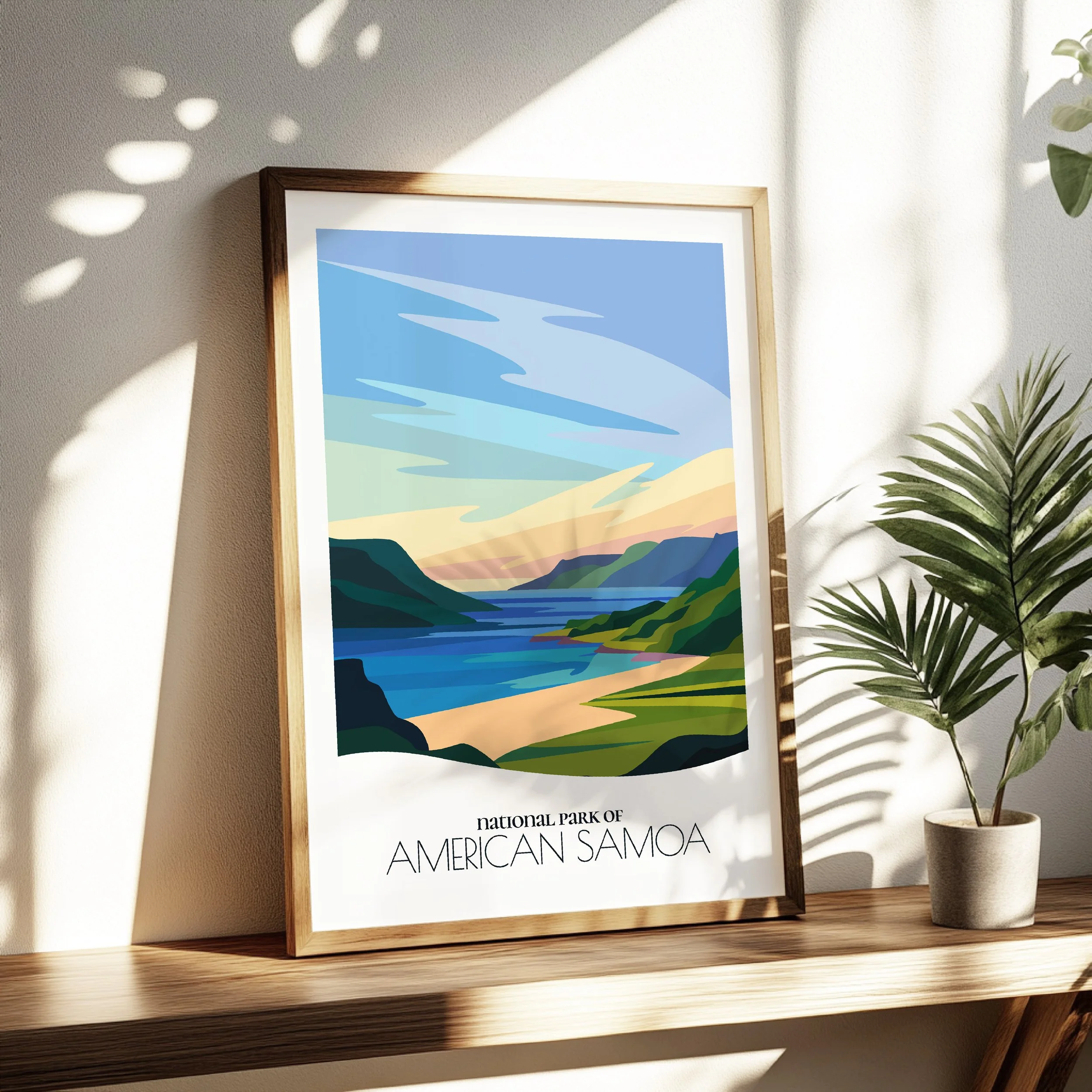 Living room wall decor featuring National Park of American Samoa in neutral tones for modern interiors.