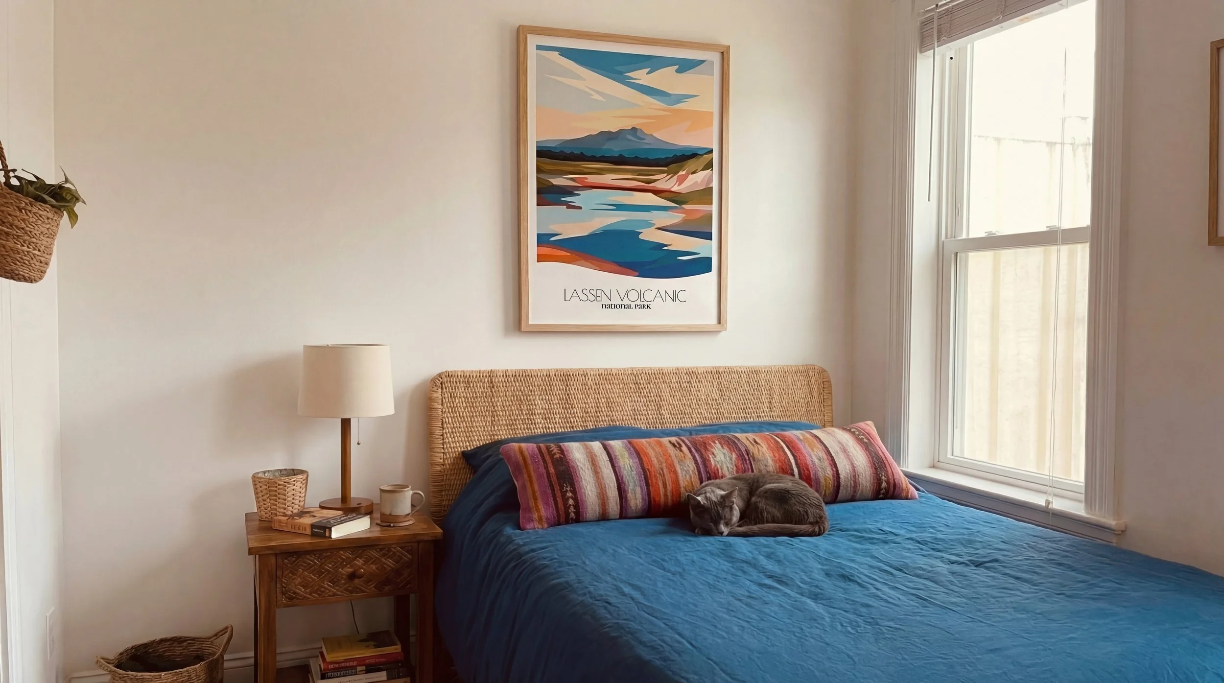 Minimalist abstract Lassen Volcanic National Park poster in mid century modern bedroom. Clean bold volcanic wall art.