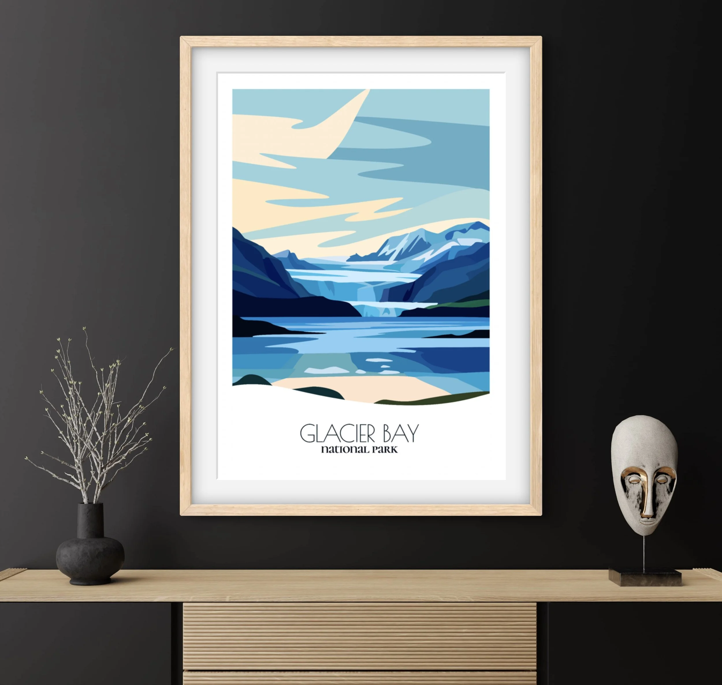 Travel gift idea: framed poster of Glacier Bay National Park, ideal for adventure lovers.
