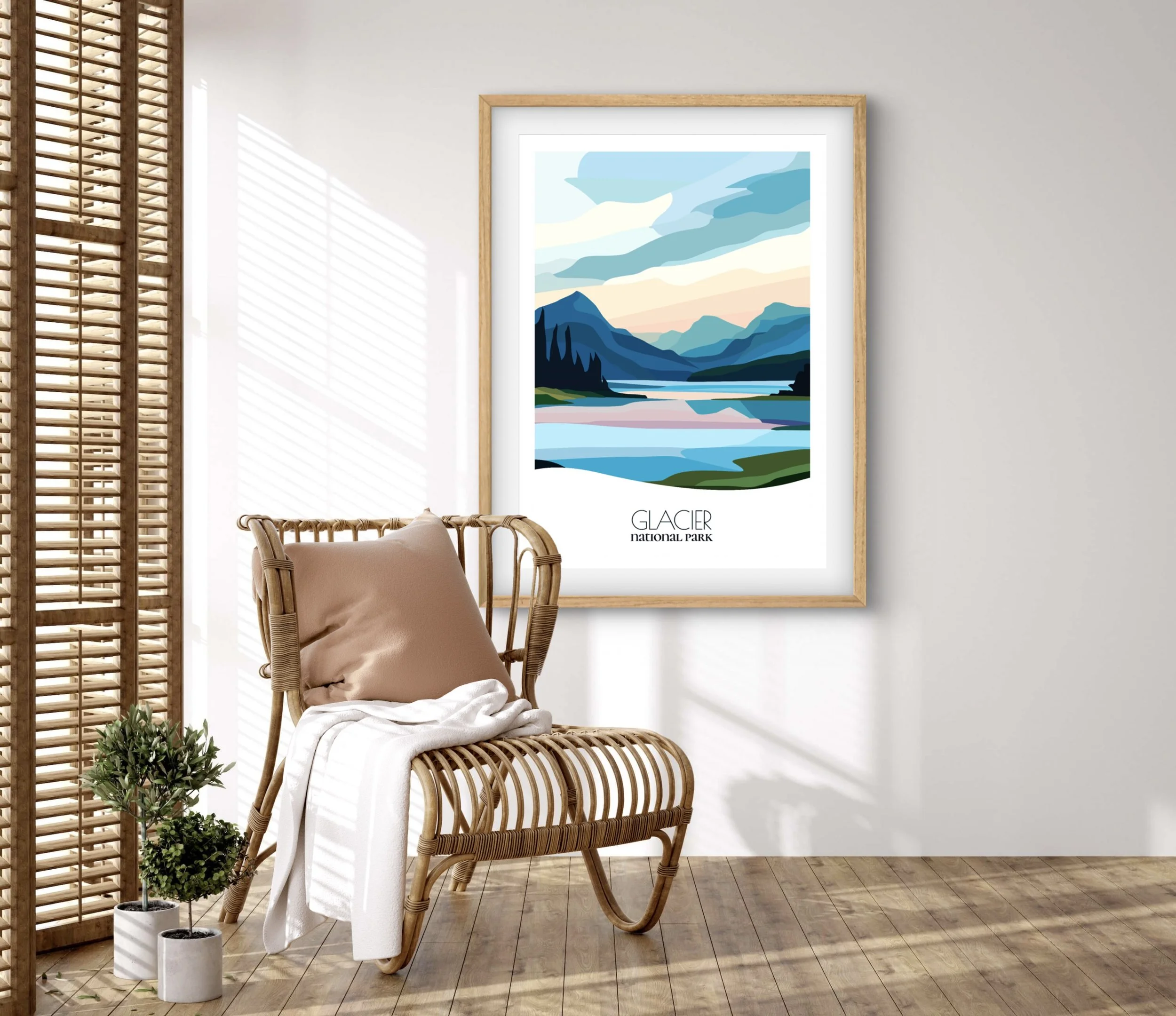 Retravell minimalist poster of Glacier National Park, branded travel art for collectors and fans.