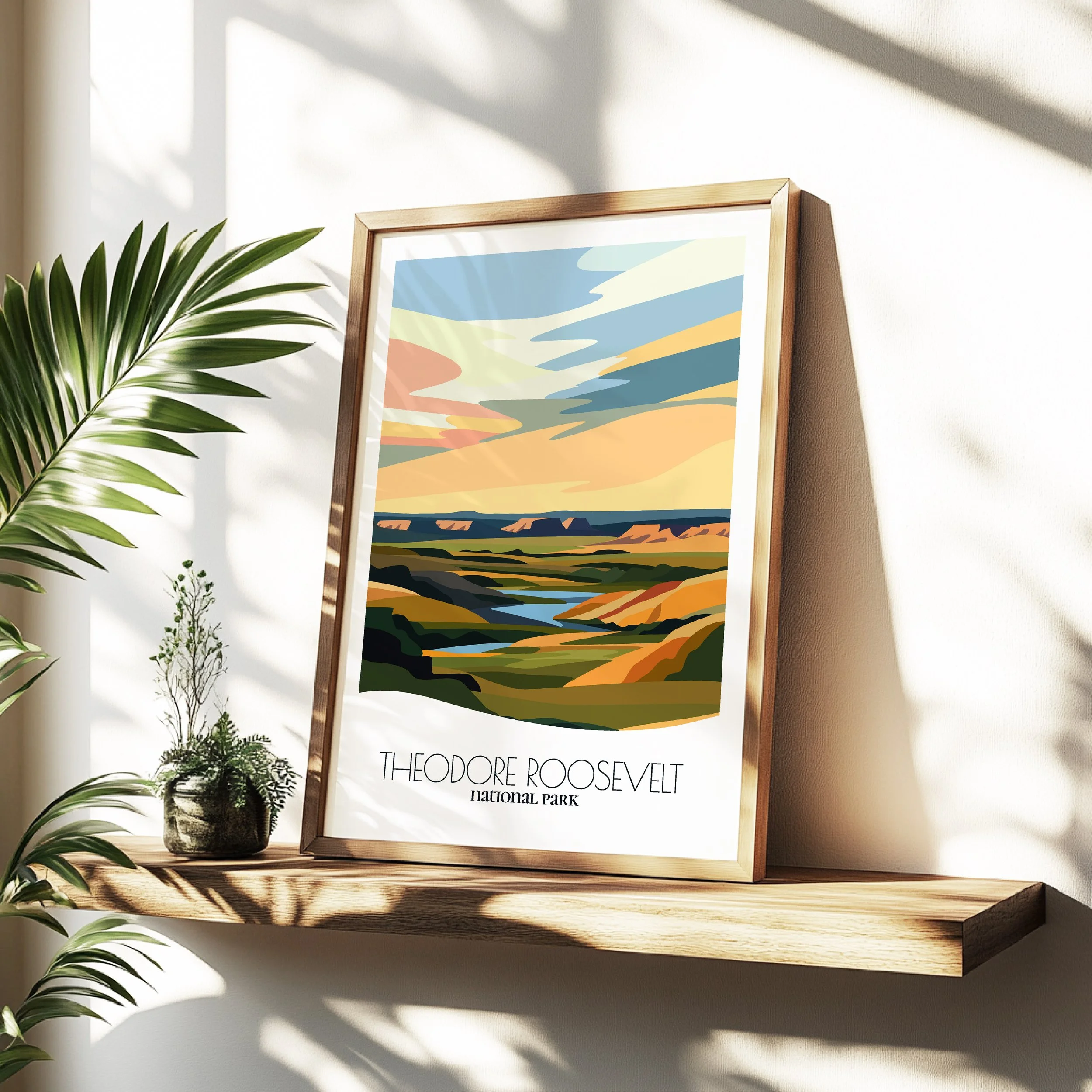 Minimalist travel poster of Theodore Roosevelt National Park with clean modern design for travelers.