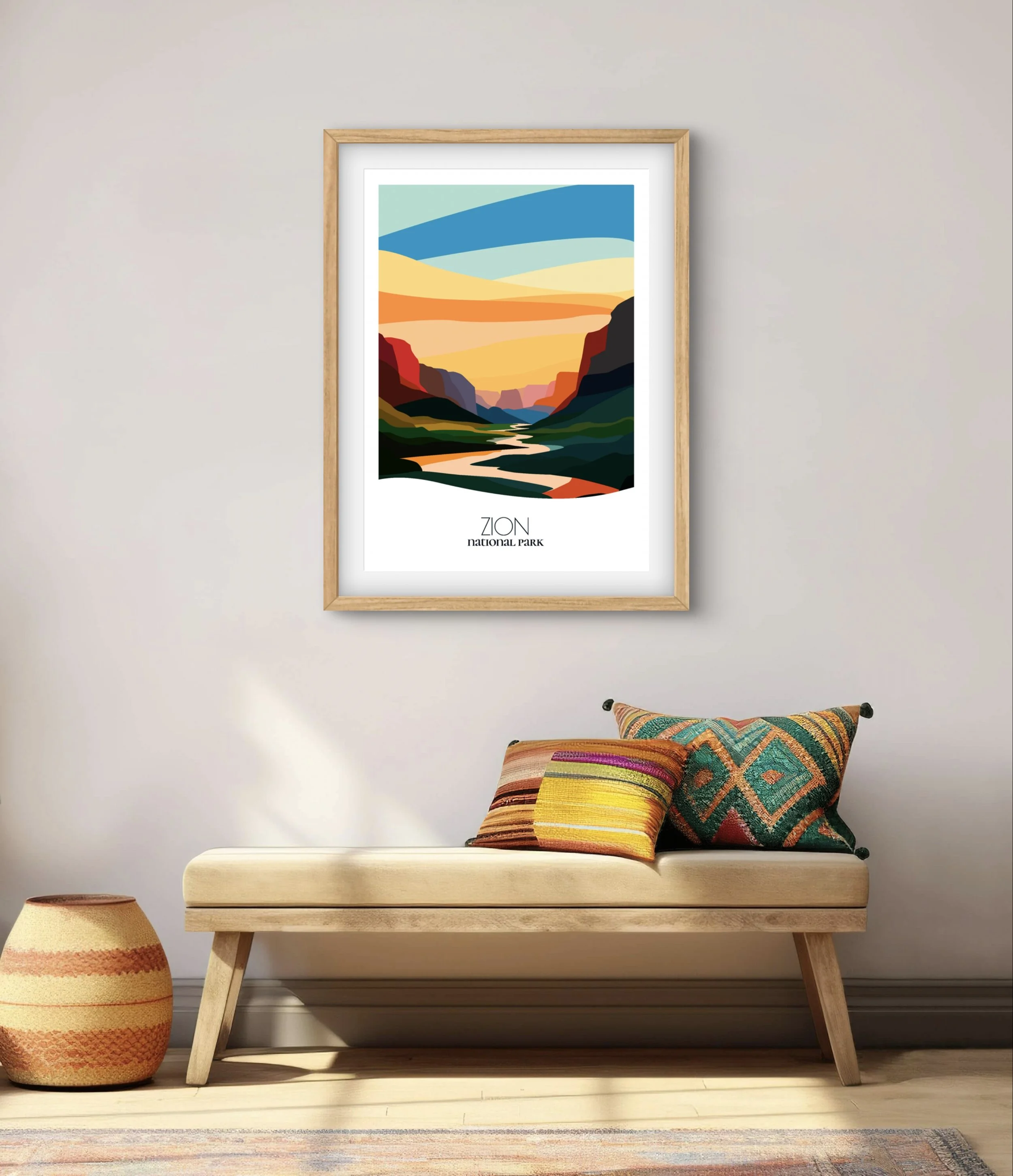 Modern minimalist art of Zion National Park, versatile decor for home and office.