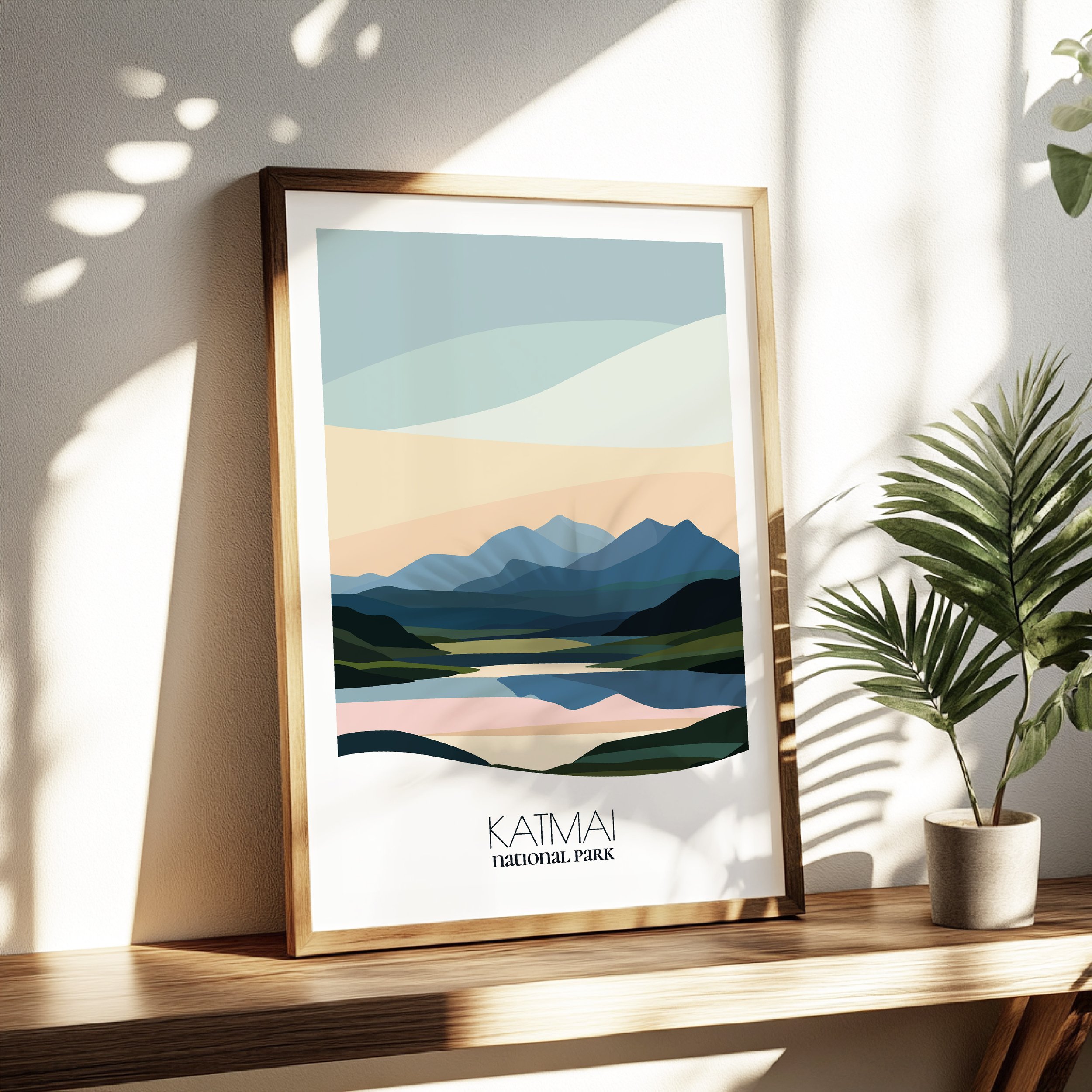Living room wall decor featuring Katmai National Park in neutral tones for modern interiors.