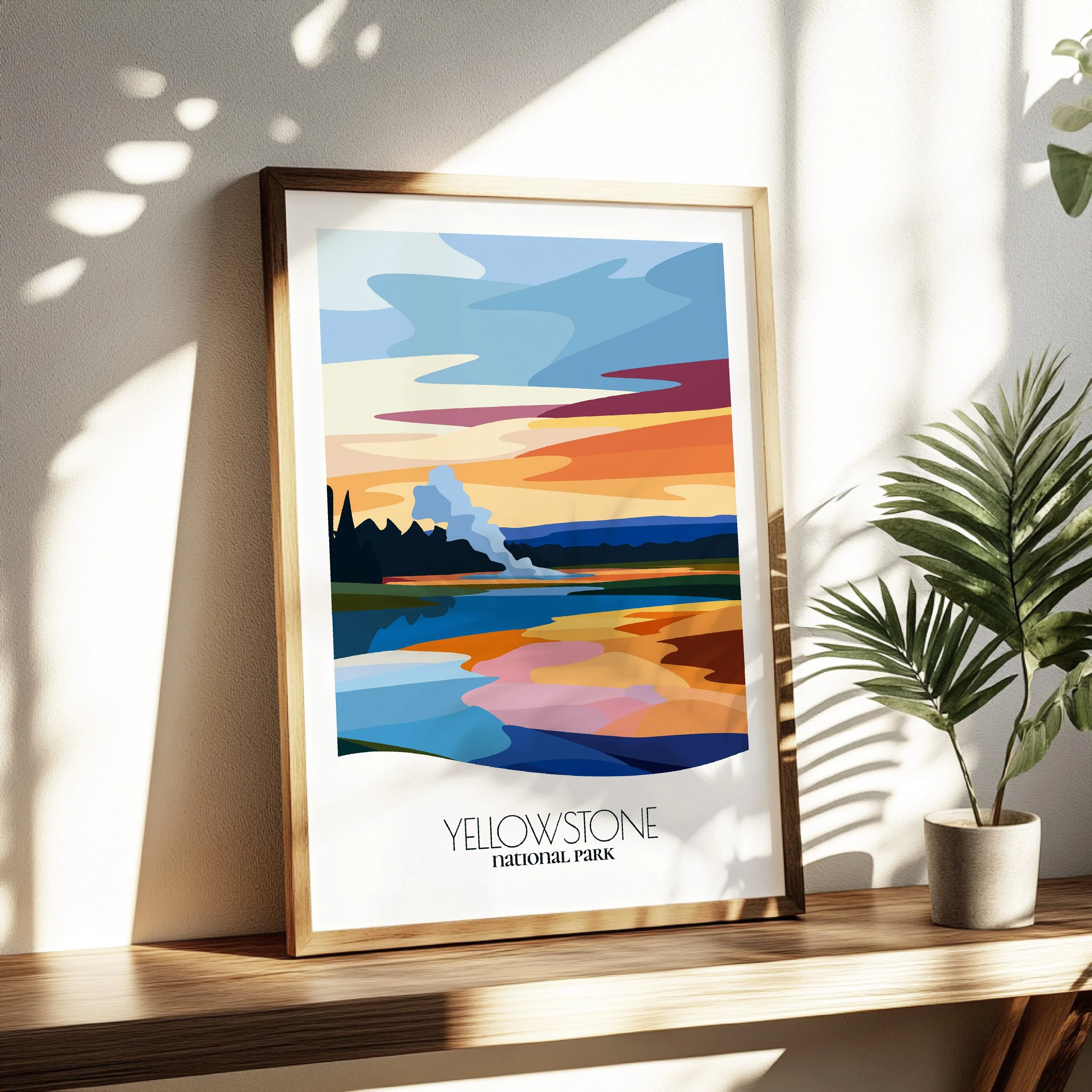 Living room wall decor featuring Yellowstone National Park in neutral tones for modern interiors.