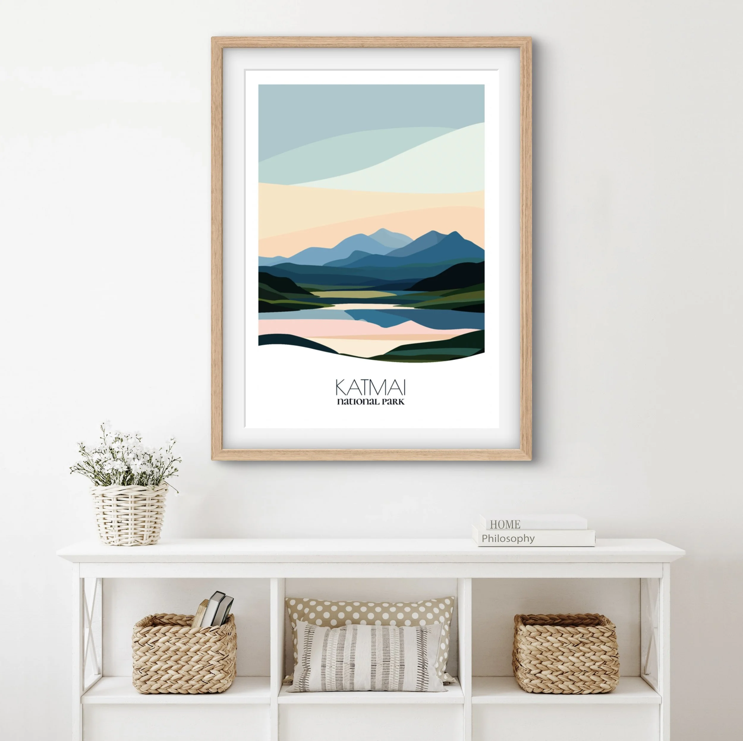 Modern minimalist art of Katmai National Park, versatile decor for home and office.