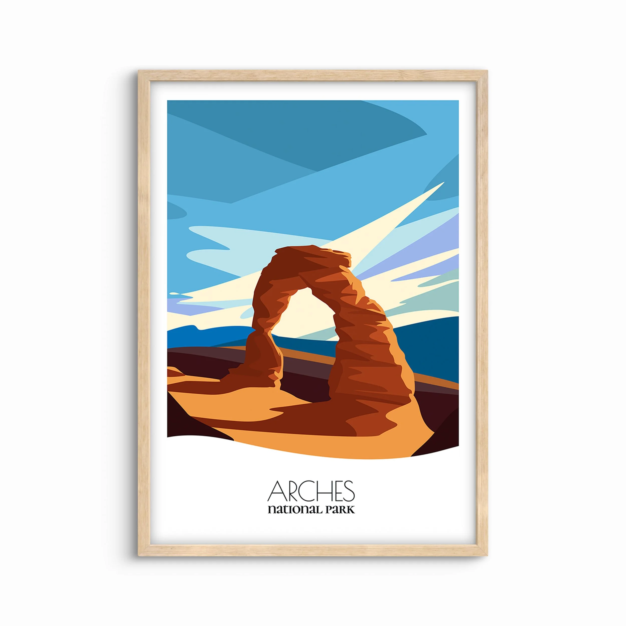 Minimalist travel poster of Arches National Park, perfect gift for visitors in Utah.