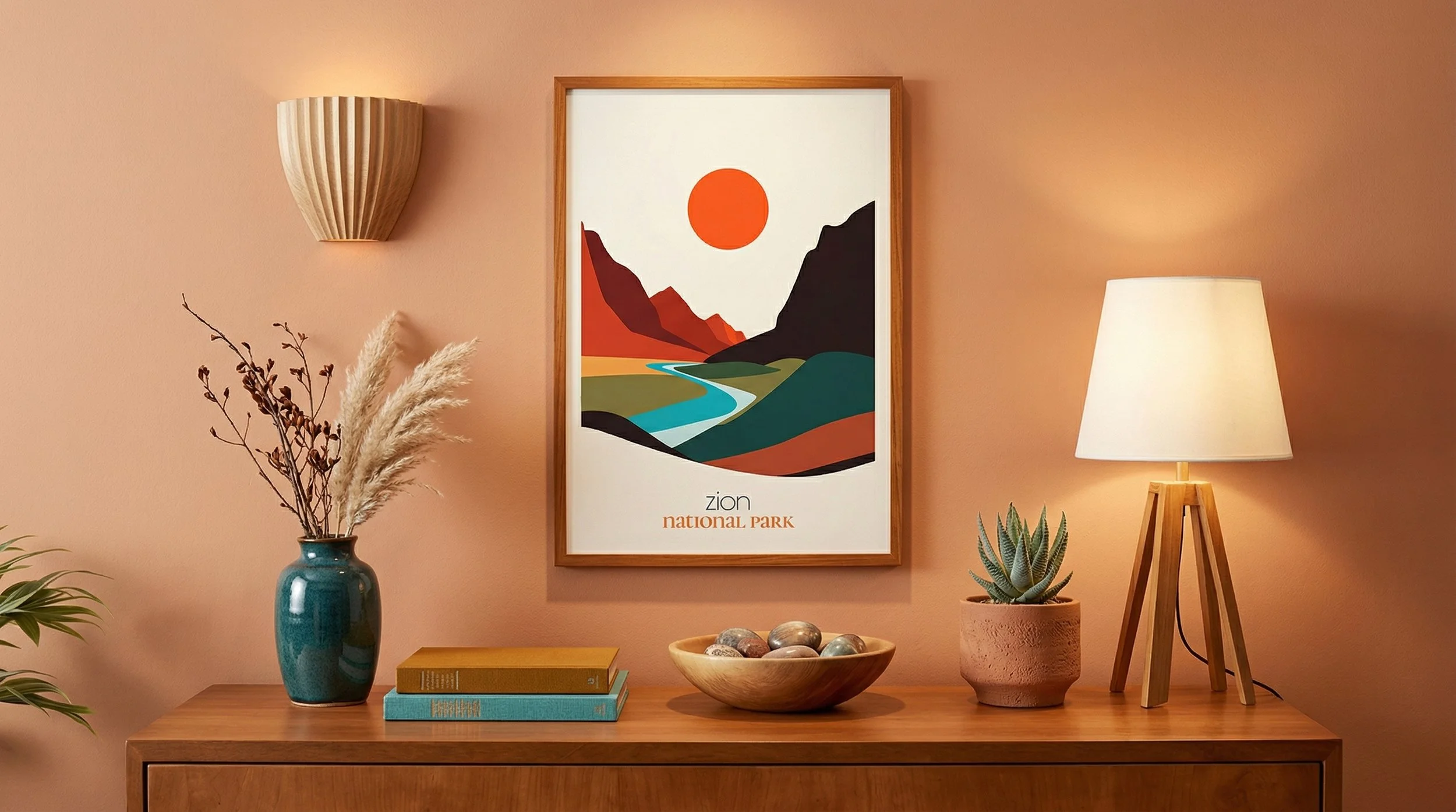 Minimalist abstract Zion National Park poster in living room. Clean bold canyon wall art.
