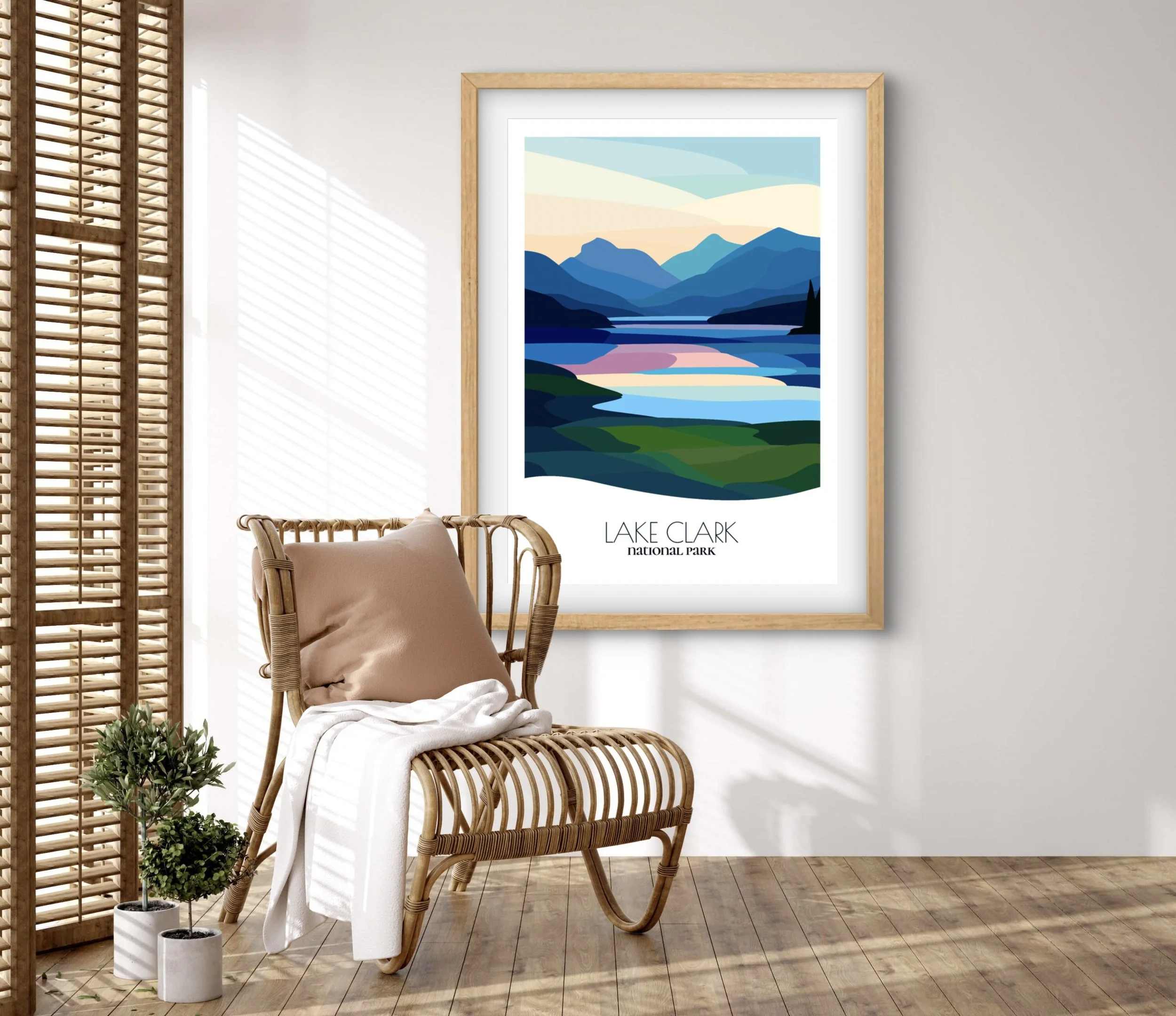 Retravell minimalist poster of Lake Clark National Park, branded travel art for collectors and fans.