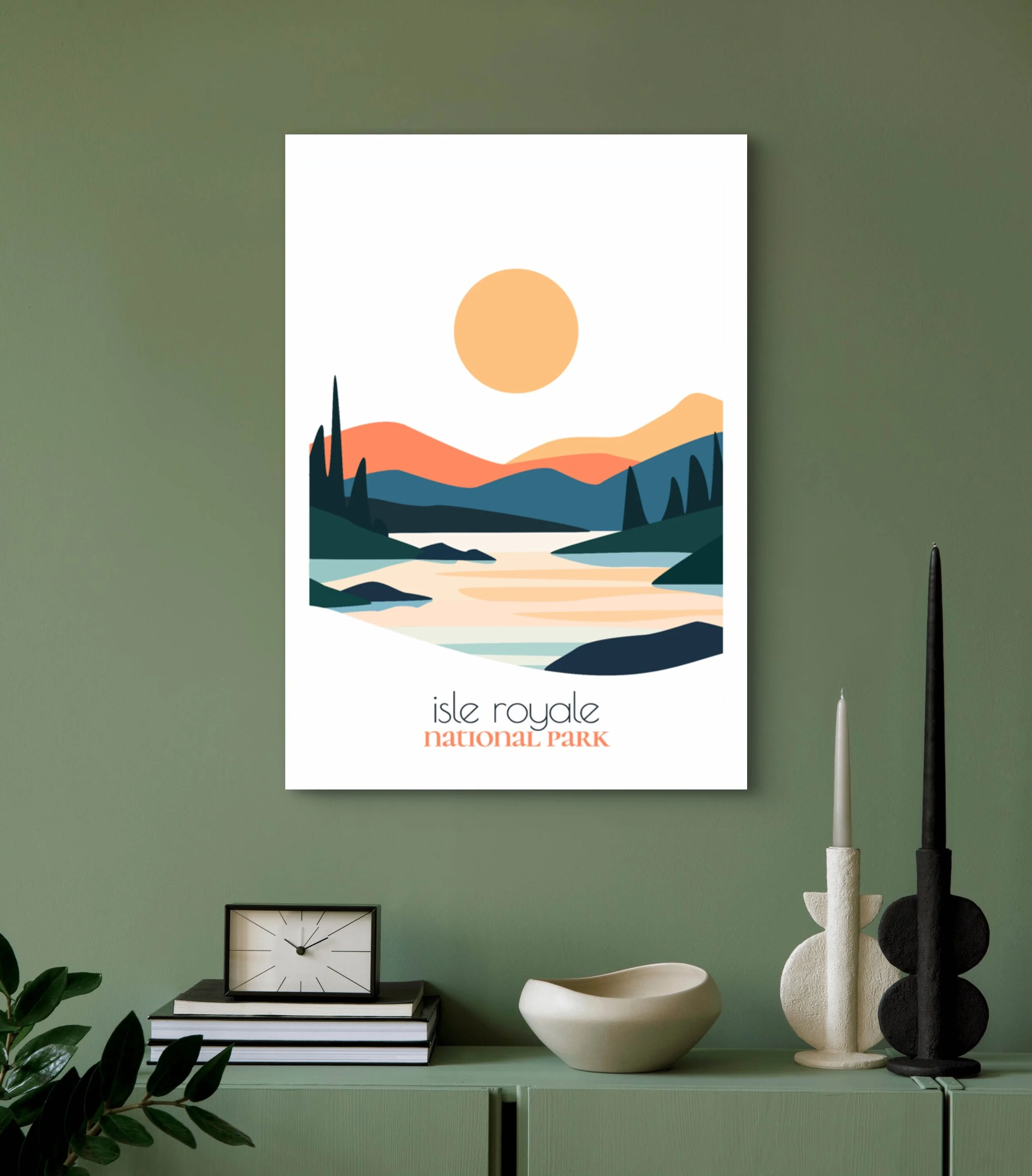 Modern Isle Royale travel print for minimalist home office decor