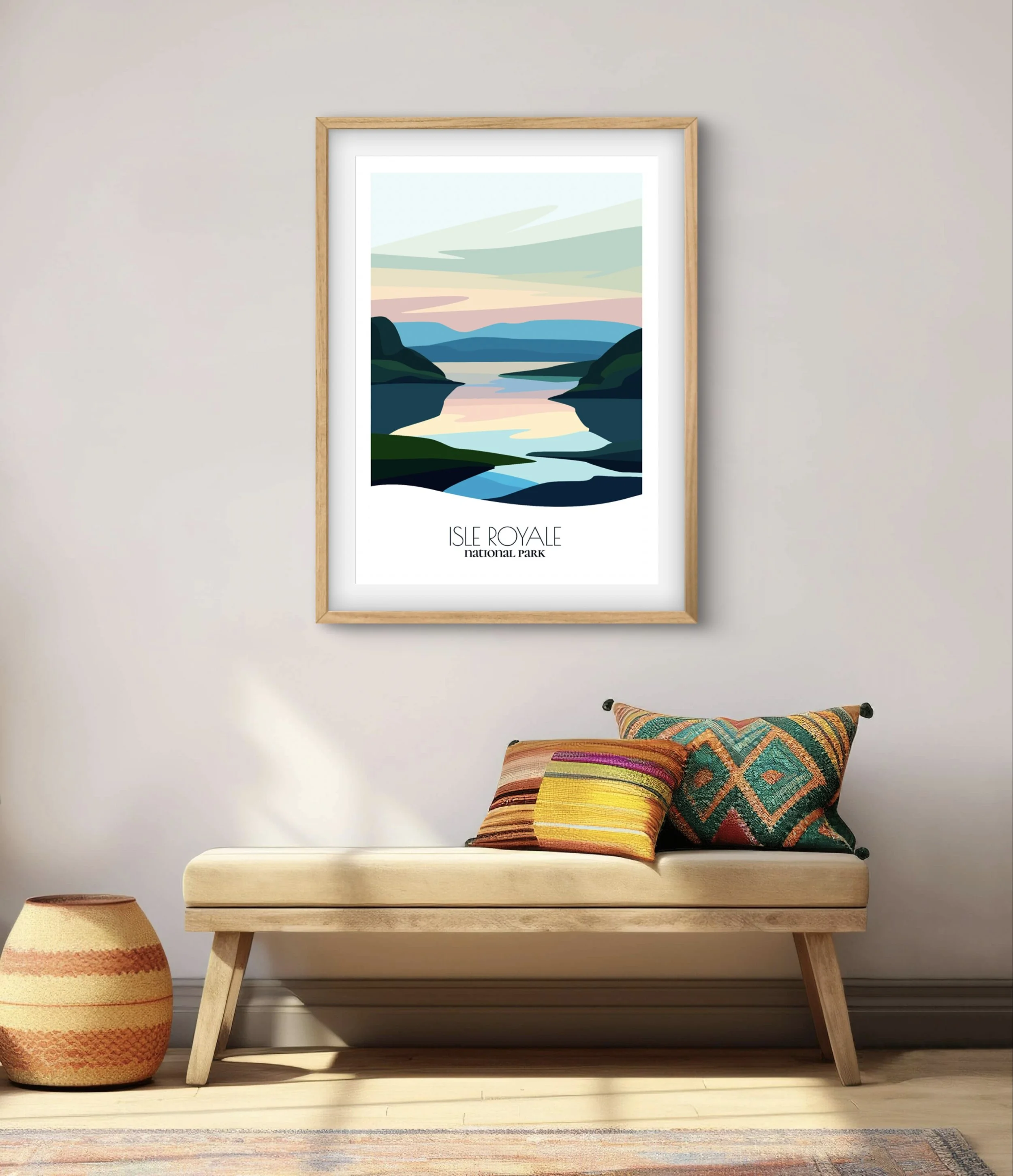 Modern minimalist art of Isle Royale National Park, versatile decor for home and office.