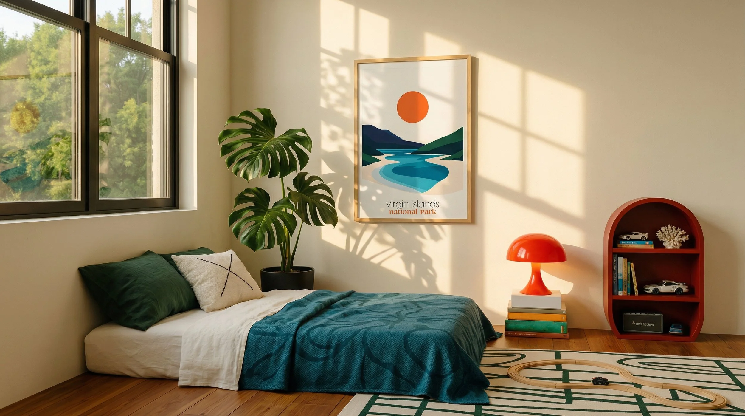 Minimalist abstract Virgin Islands National Park poster in bedroom. Clean bold tropical wall art.