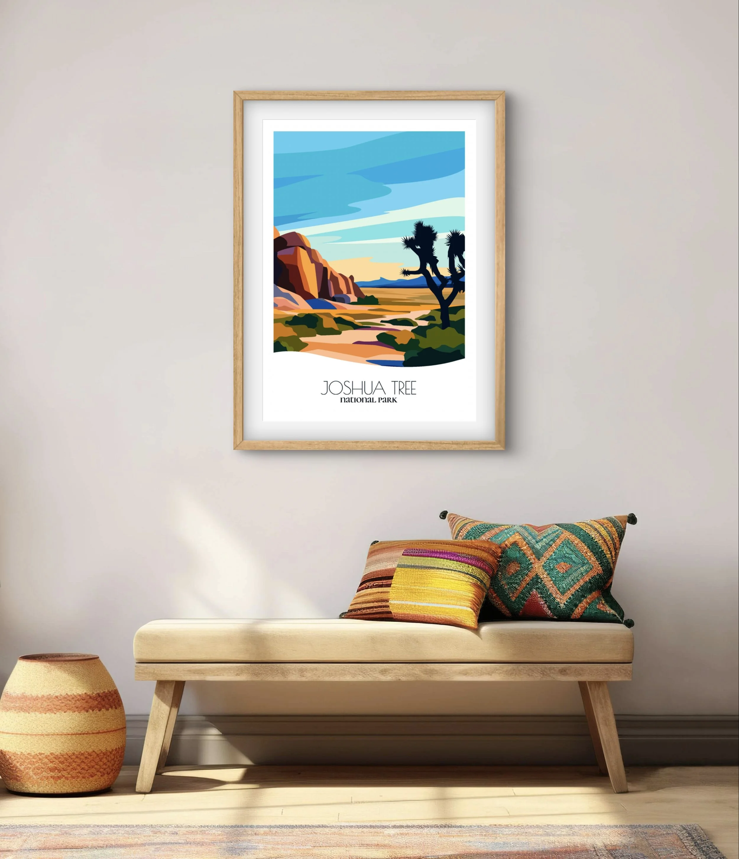Modern minimalist art of Joshua Tree National Park, versatile decor for home and office.