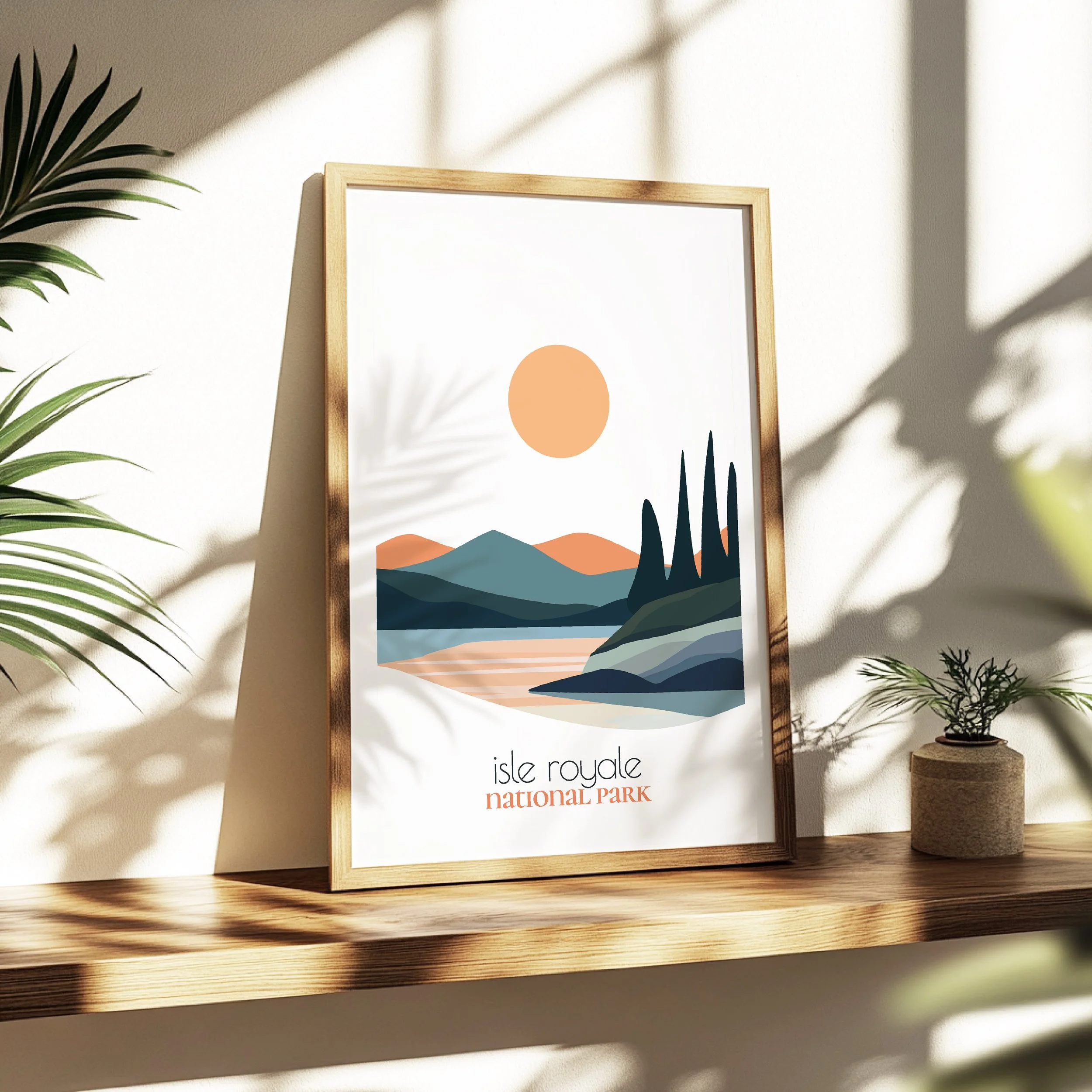 Isle Royale travel poster in a minimalist living room design
