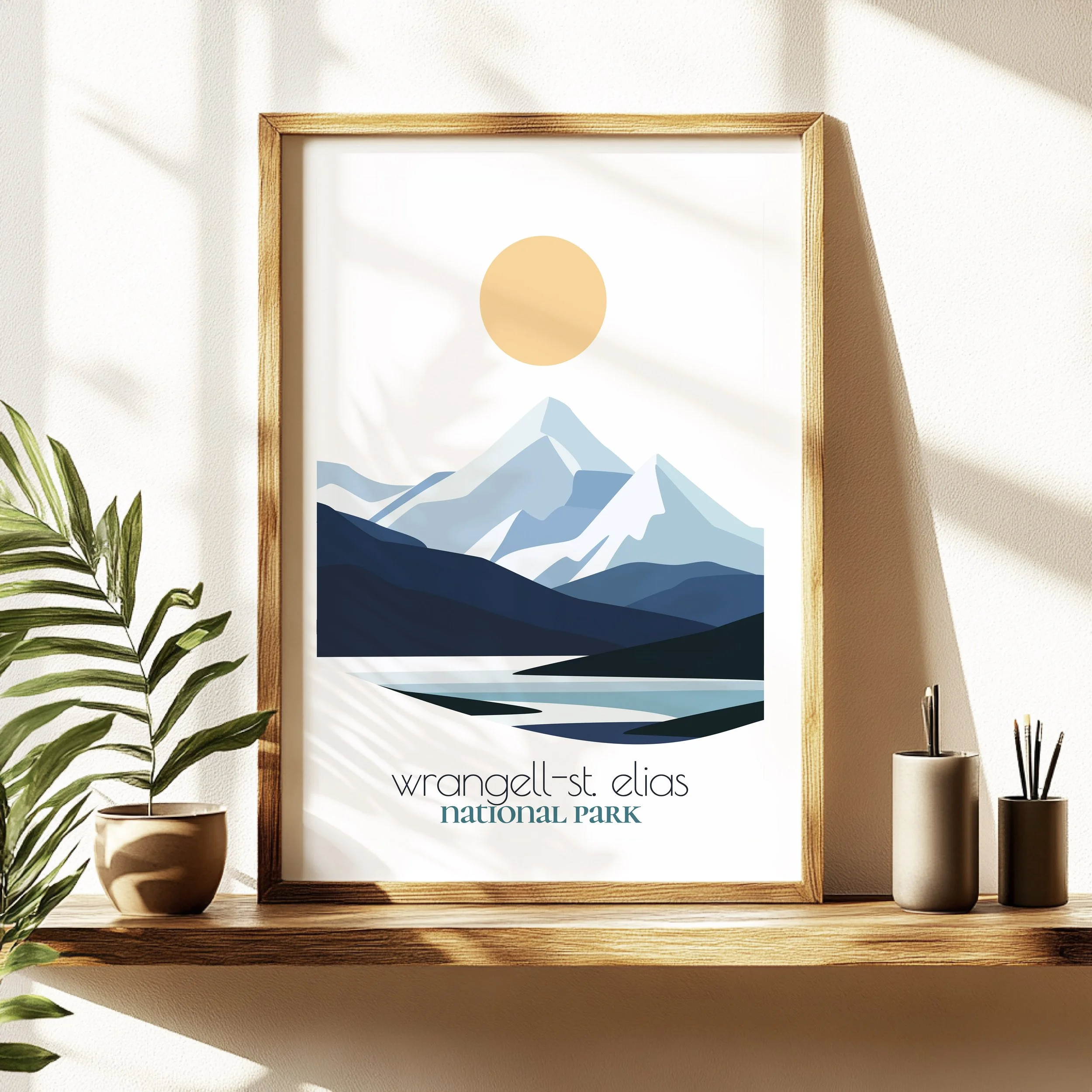 wrangell st elias travel poster in a minimalist living room design