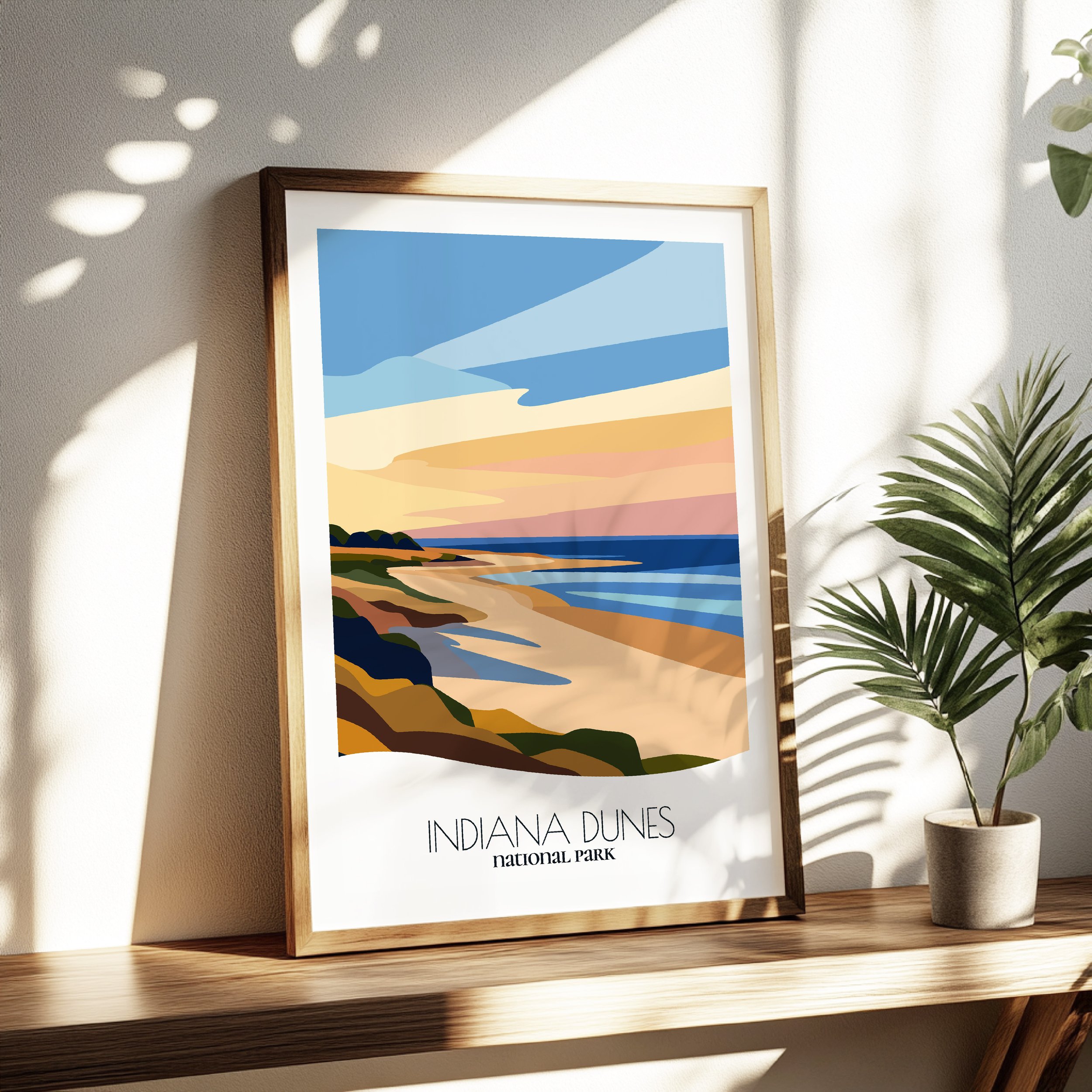 Living room wall decor featuring Indiana Dunes National Park in neutral tones for modern interiors.
