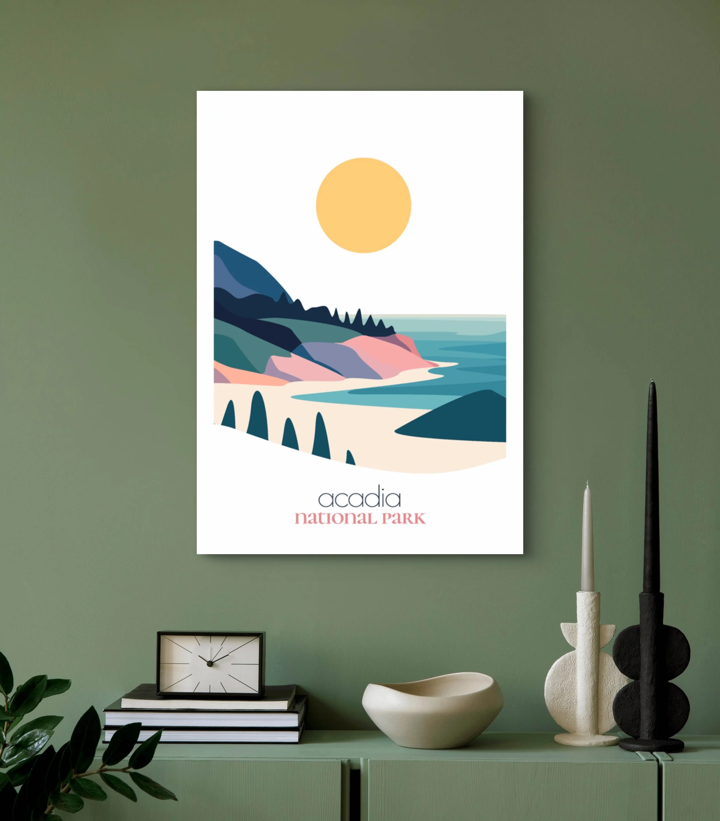 Modern Acadia travel print for minimalist home office decor