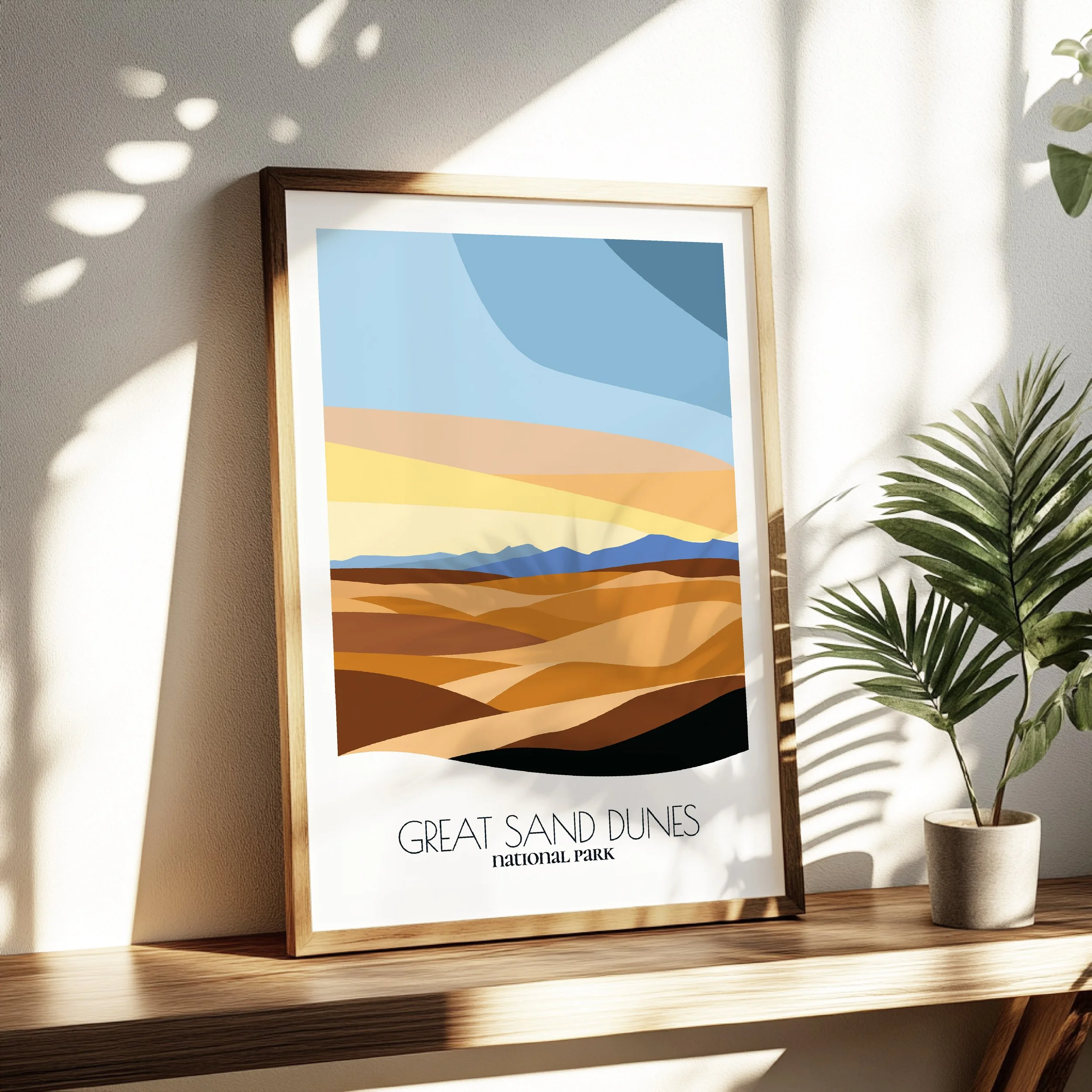 Living room wall decor featuring Great Sand Dunes National Park and Preserve in neutral tones for modern interiors.