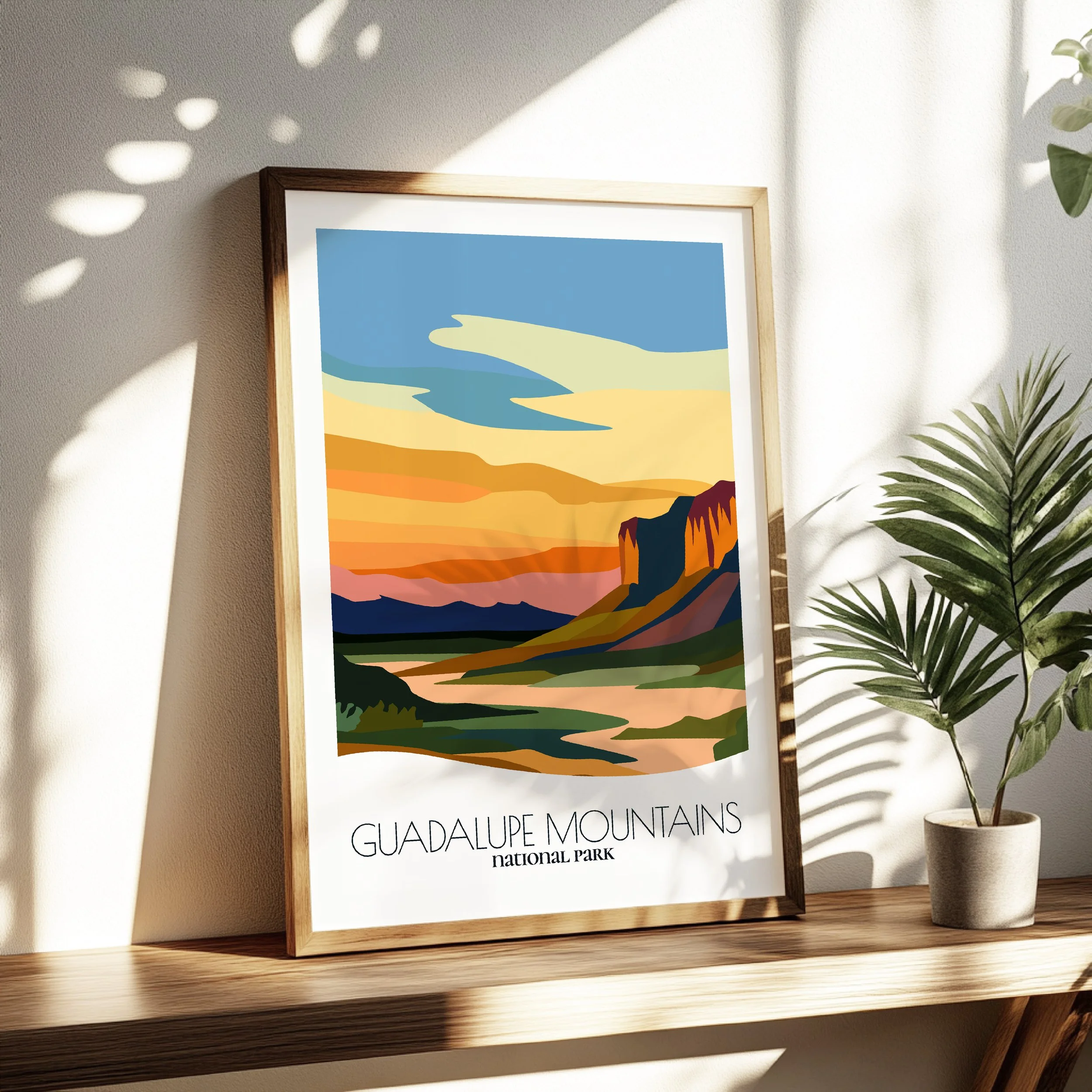 Living room wall decor featuring Guadalupe Mountains National Park in neutral tones for modern interiors.