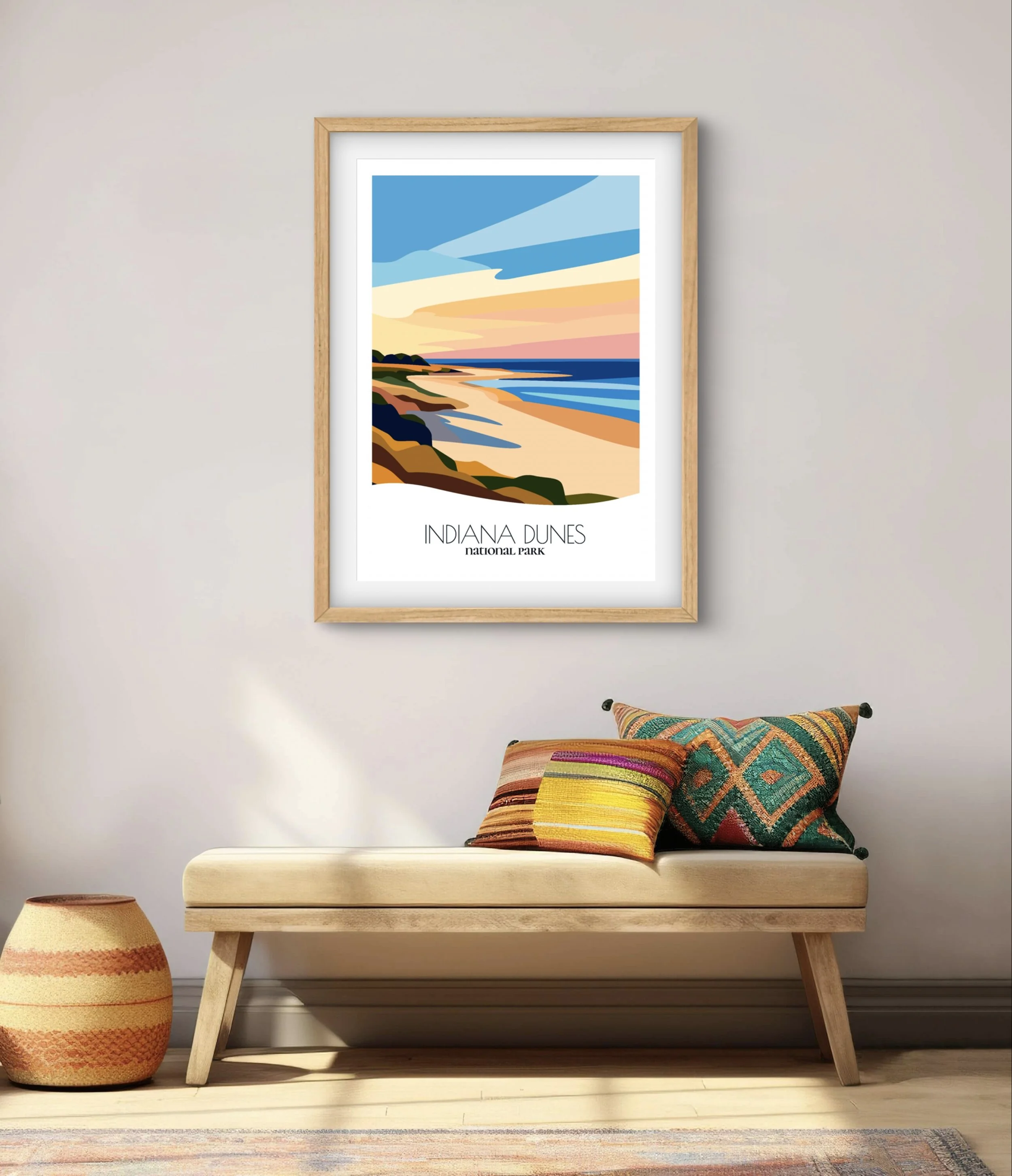 Modern minimalist art of Indiana Dunes National Park, versatile decor for home and office.