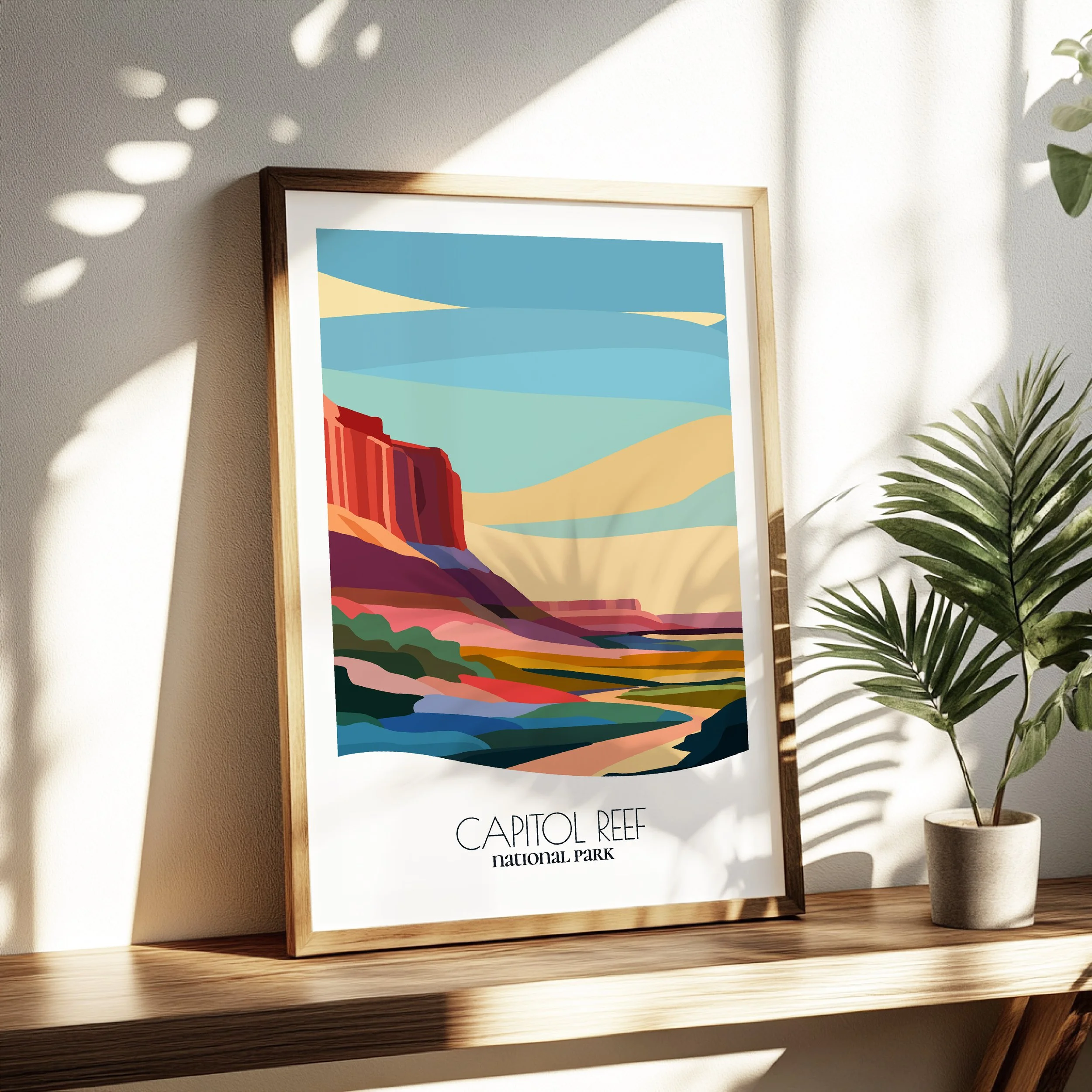 Living room wall decor featuring Capitol Reef National Park in neutral tones for modern interiors.