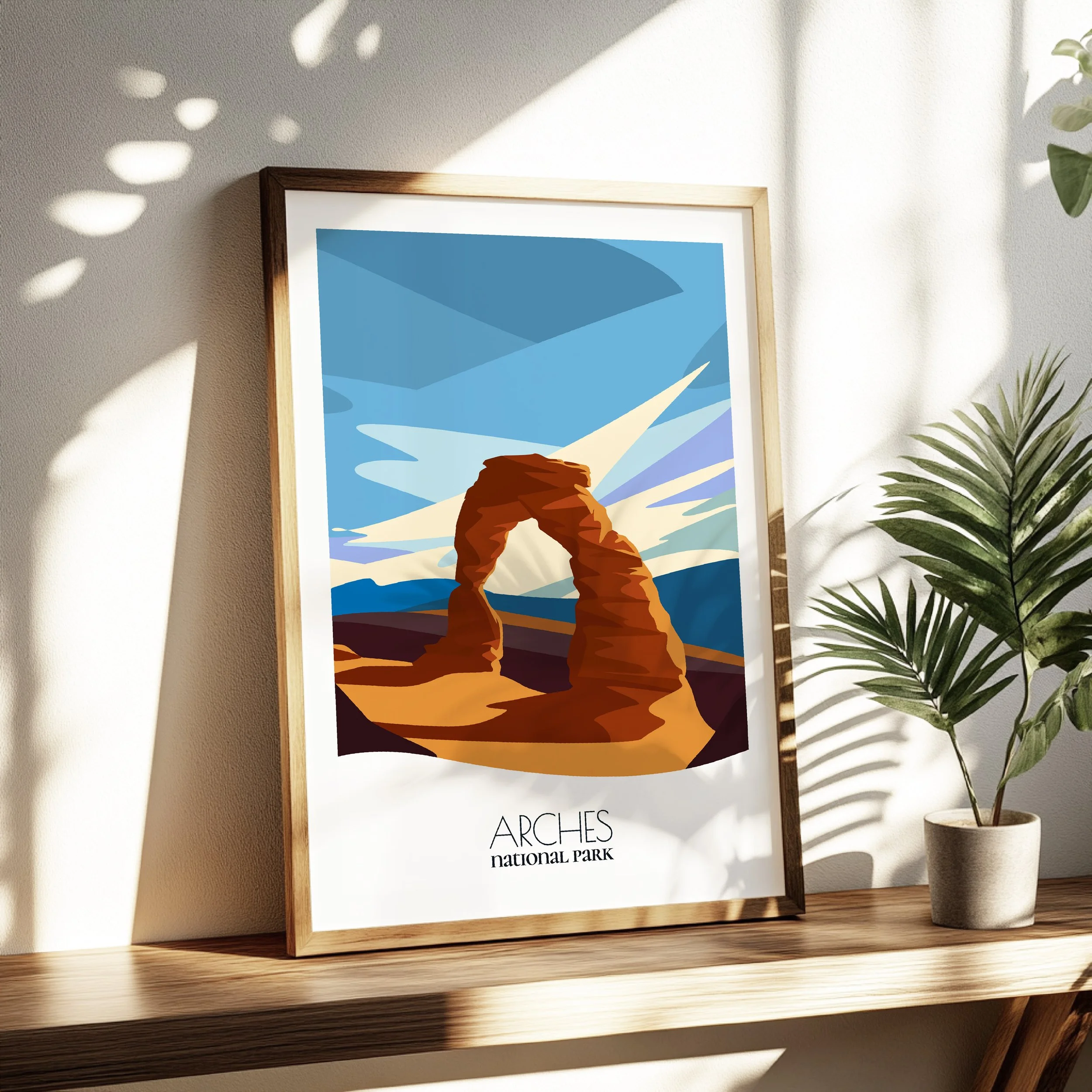 Living room wall decor featuring Arches National Park in neutral tones for modern interiors.