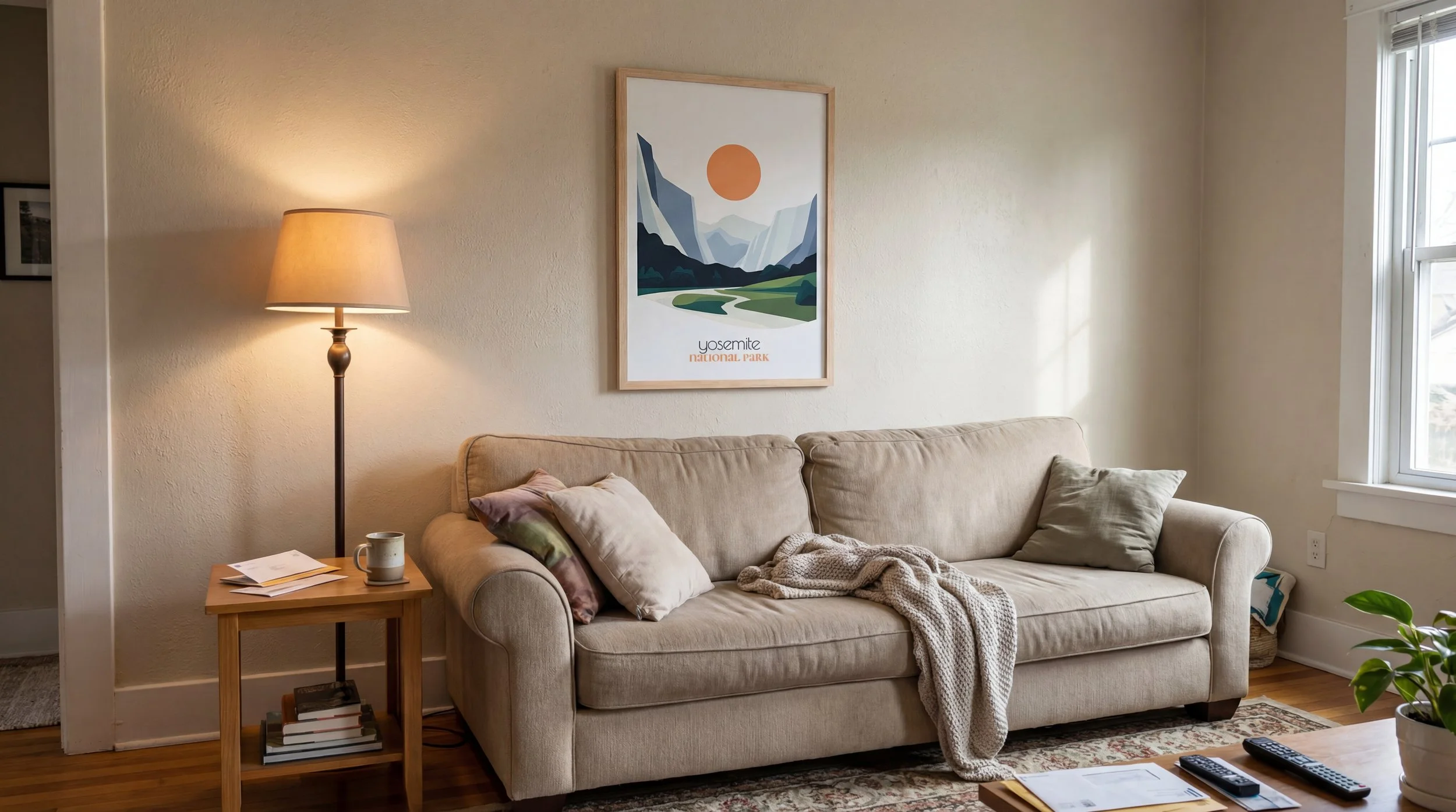 A beige living room sofa with multiple pillows and a blanket, a wooden end table with books, a mug, and papers, a tall floor lamp, a framed Yosemite National Park poster, in front of a window with blinds, a coffee table with remote controls and papers, and a potted plant in the corner.