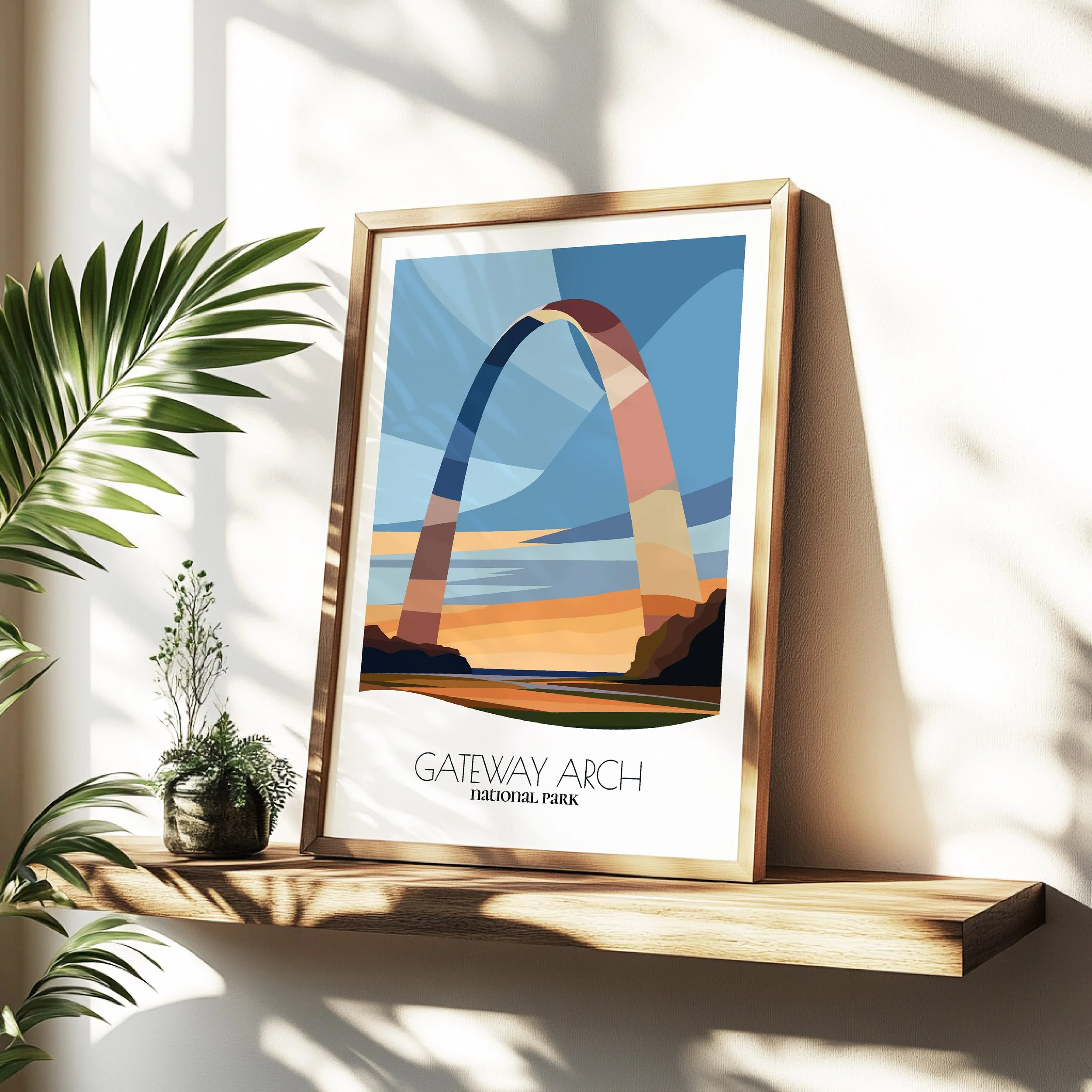 Minimalist travel poster of Gateway Arch National Park with clean modern design for travelers.