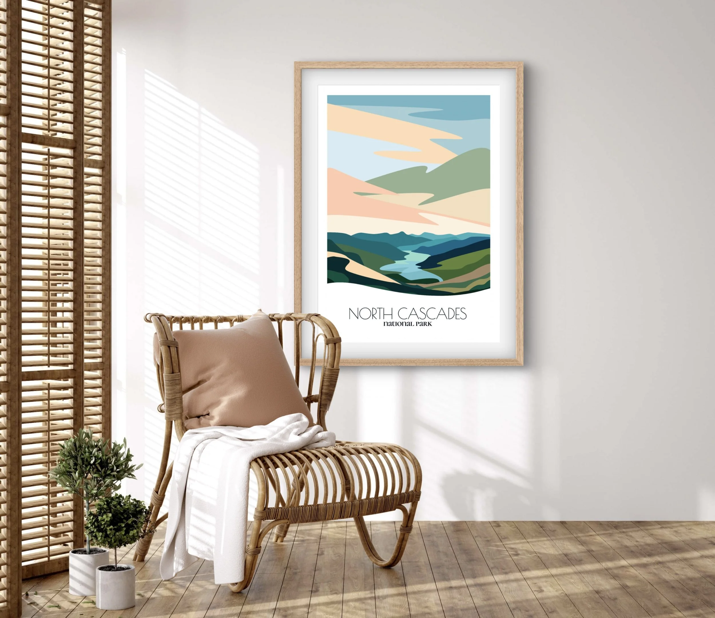 Retravell minimalist poster of north cascades, branded travel art for collectors and fans.