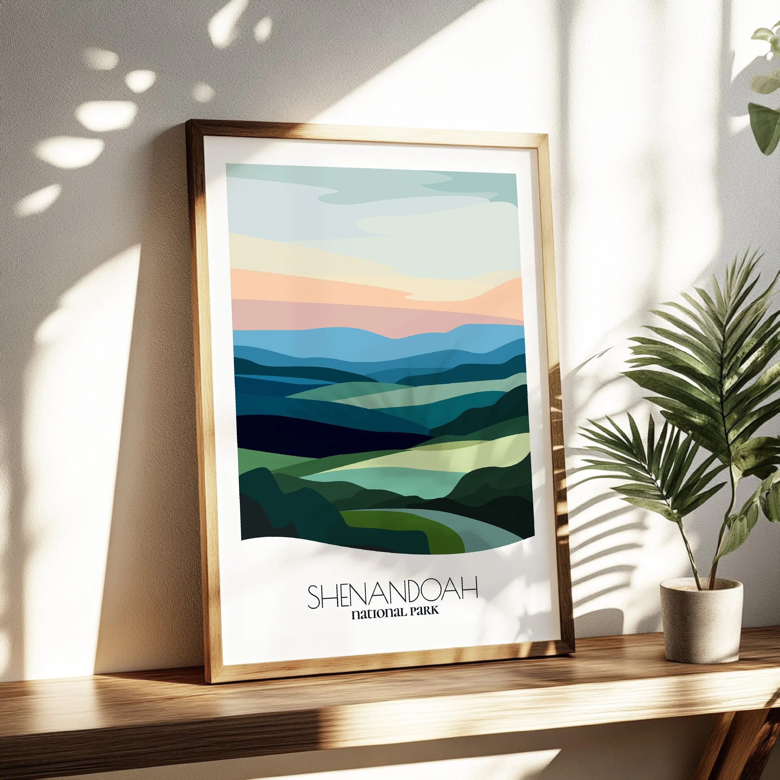 Living room wall decor featuring Shenandoah National Park in neutral tones for modern interiors.