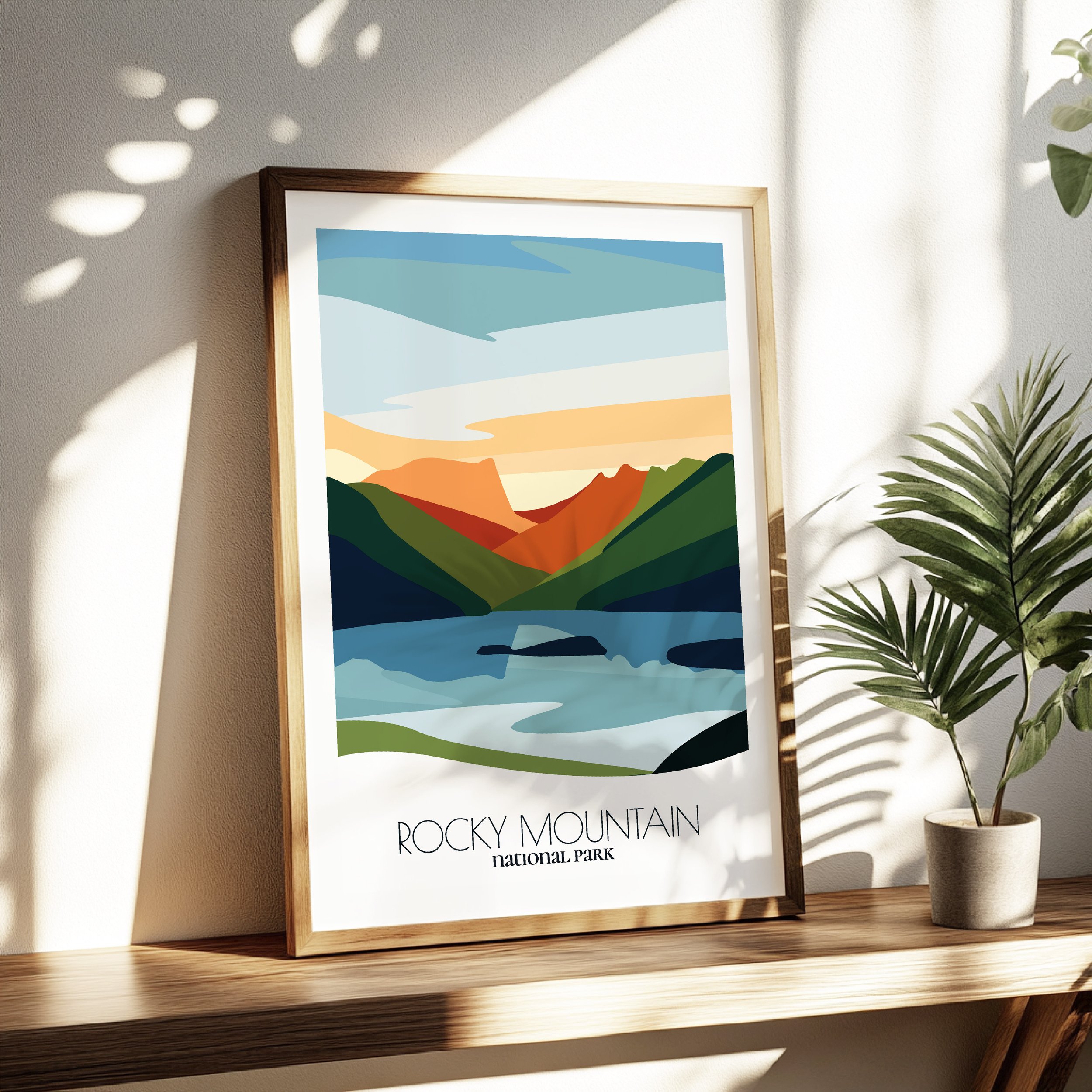 Living room wall decor featuring Rocky Mountain National Park in neutral tones for modern interiors.