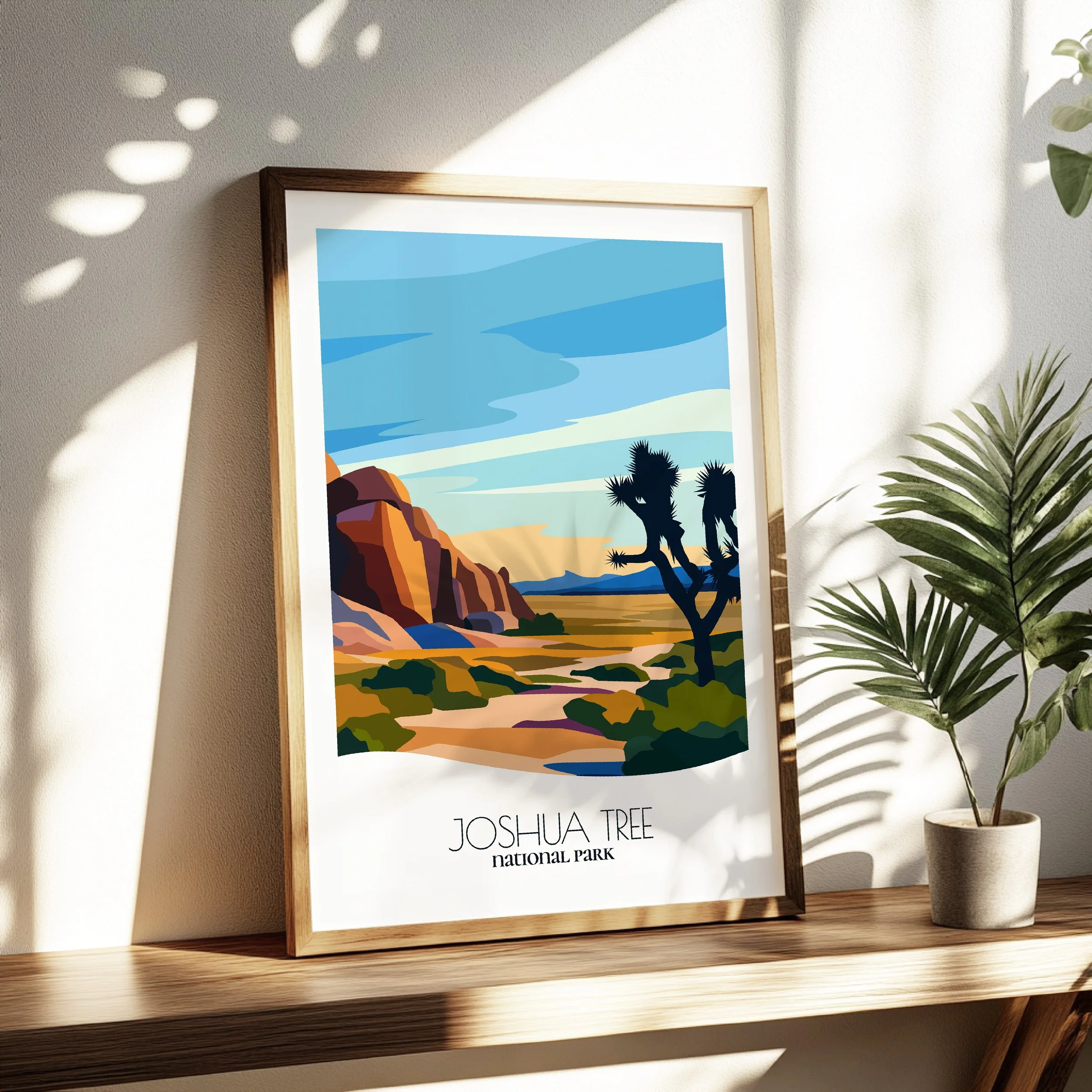 Living room wall decor featuring Joshua Tree National Park in neutral tones for modern interiors.