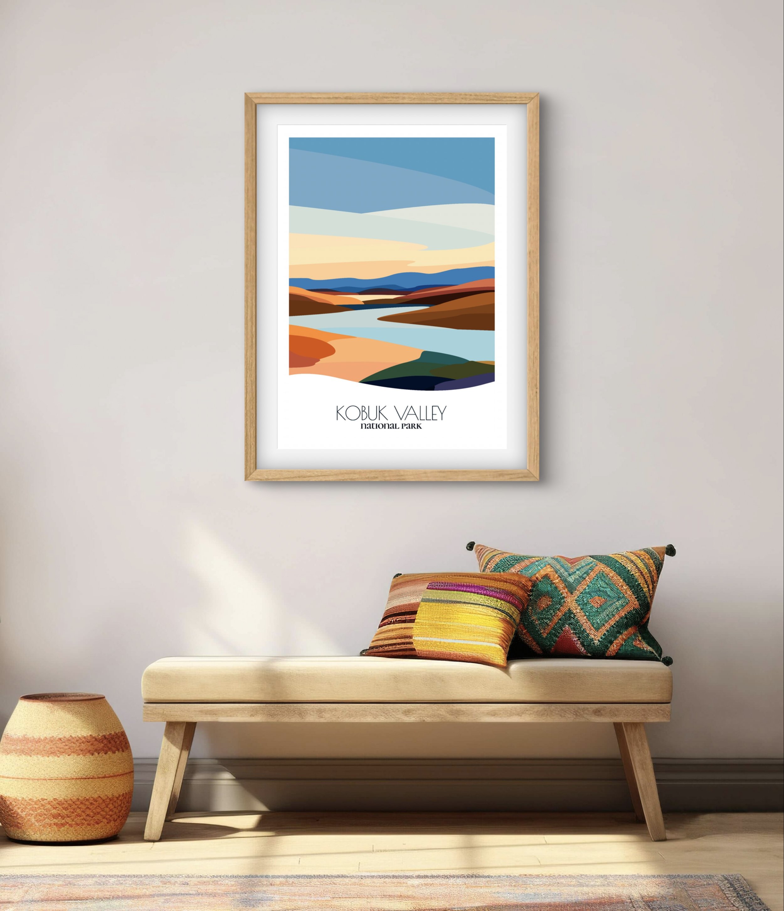 Modern minimalist art of Kobuk Valley National Park, versatile decor for home and office.