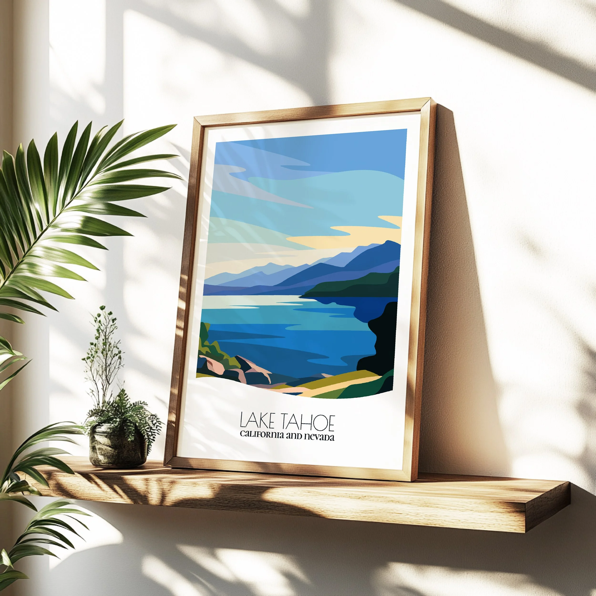 Minimalist travel poster of Lake Tahoe with clean modern design for travelers.