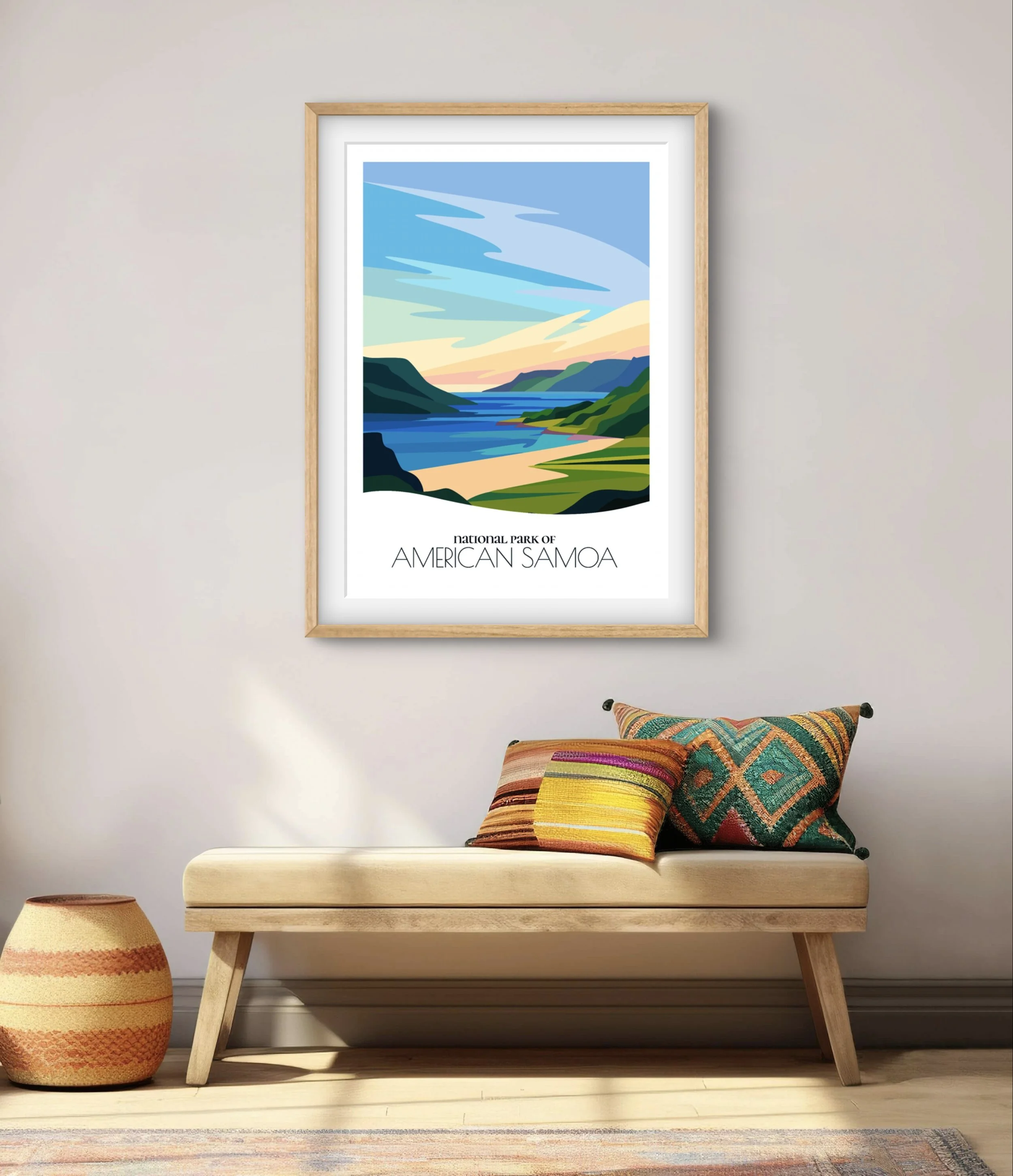 Modern minimalist art of National Park of American Samoa, versatile decor for home and office.