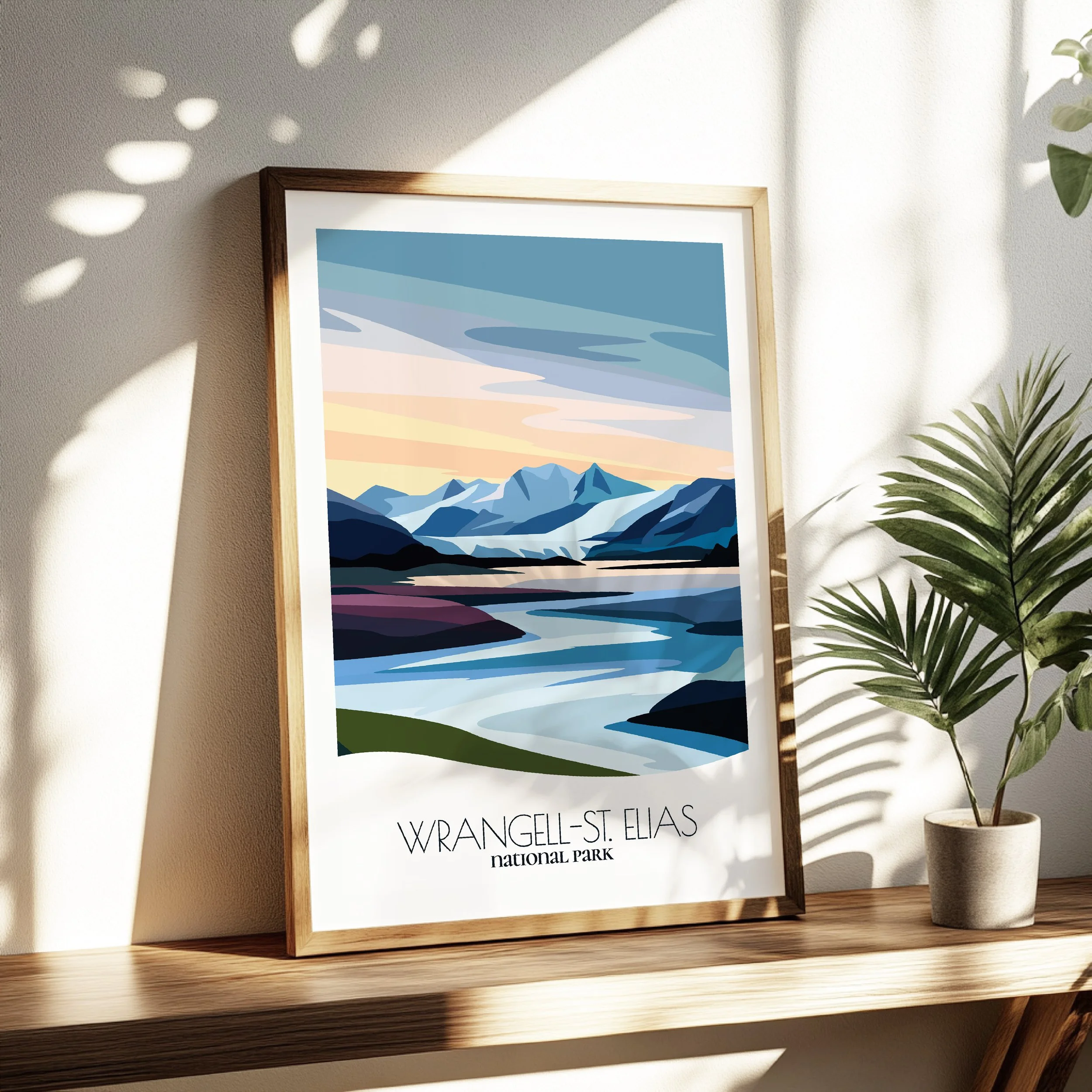 Living room wall decor featuring Wrangell St. Elias National Park and Preserve in neutral tones for modern interiors.