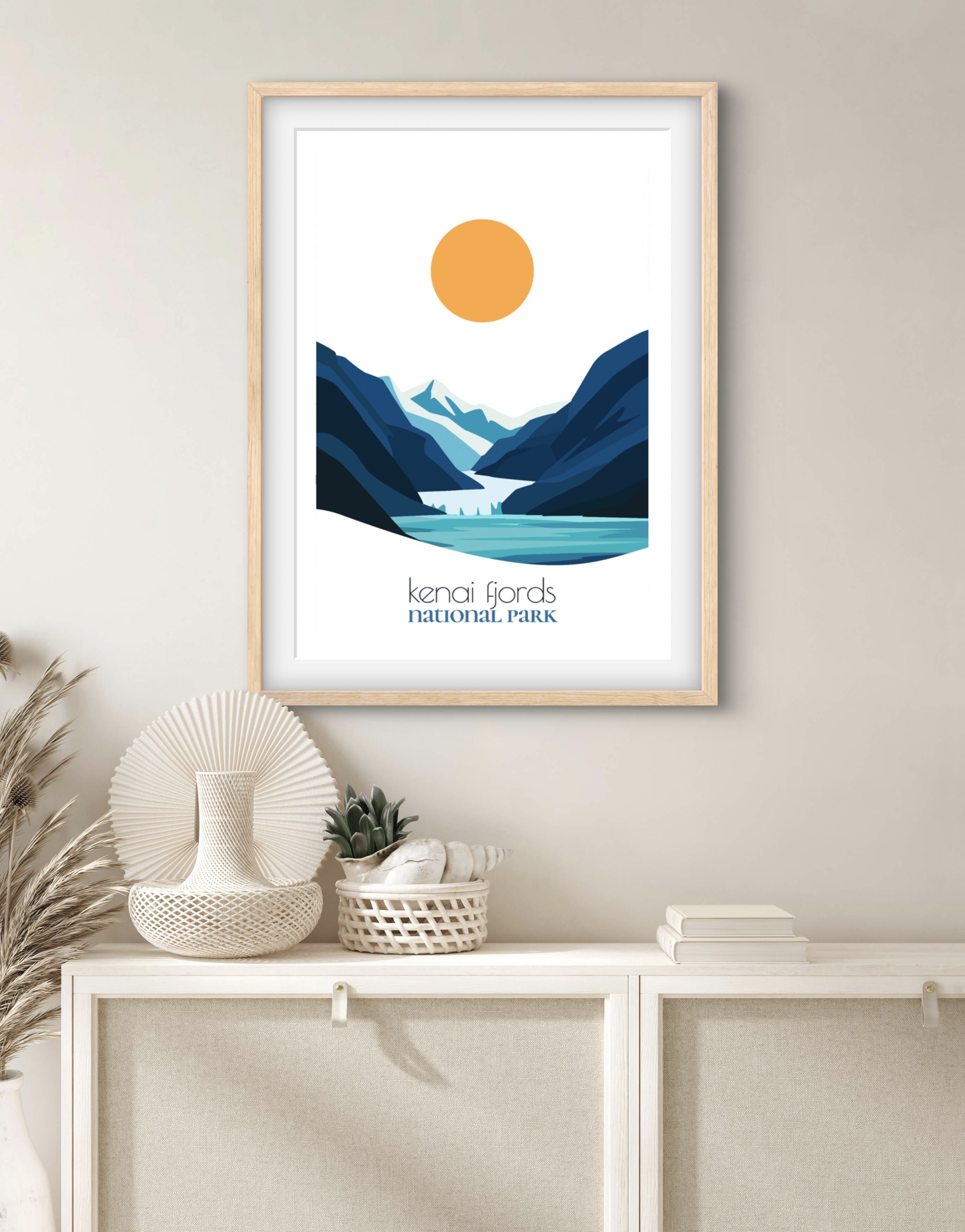 Modern kenai fjords travel print for minimalist home office decor