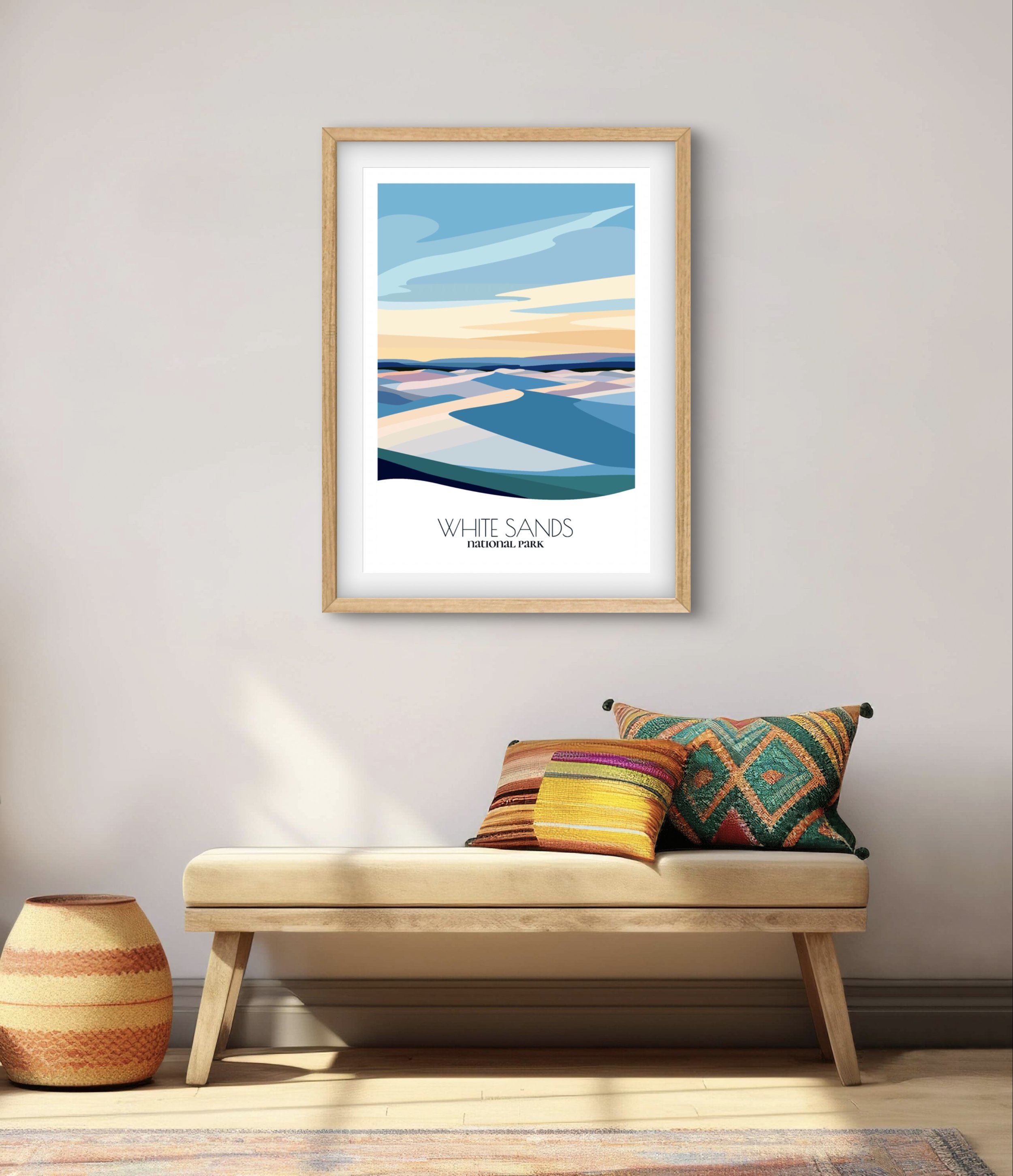 Modern minimalist art of White Sands National Park, versatile decor for home and office.