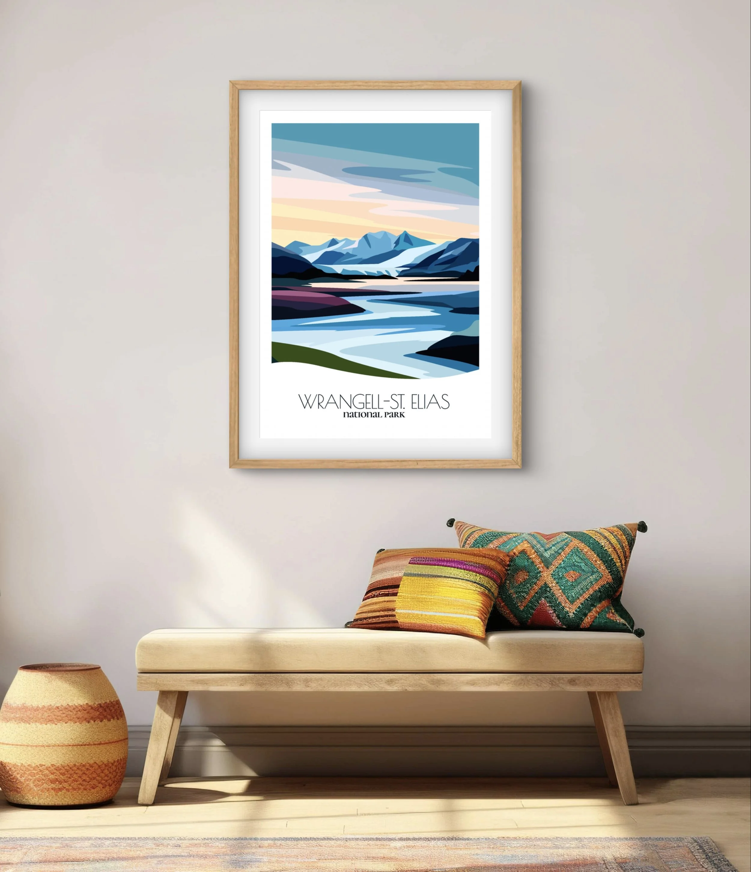 Modern minimalist art of Wrangell St. Elias National Park and Preserve, versatile decor for home and office.