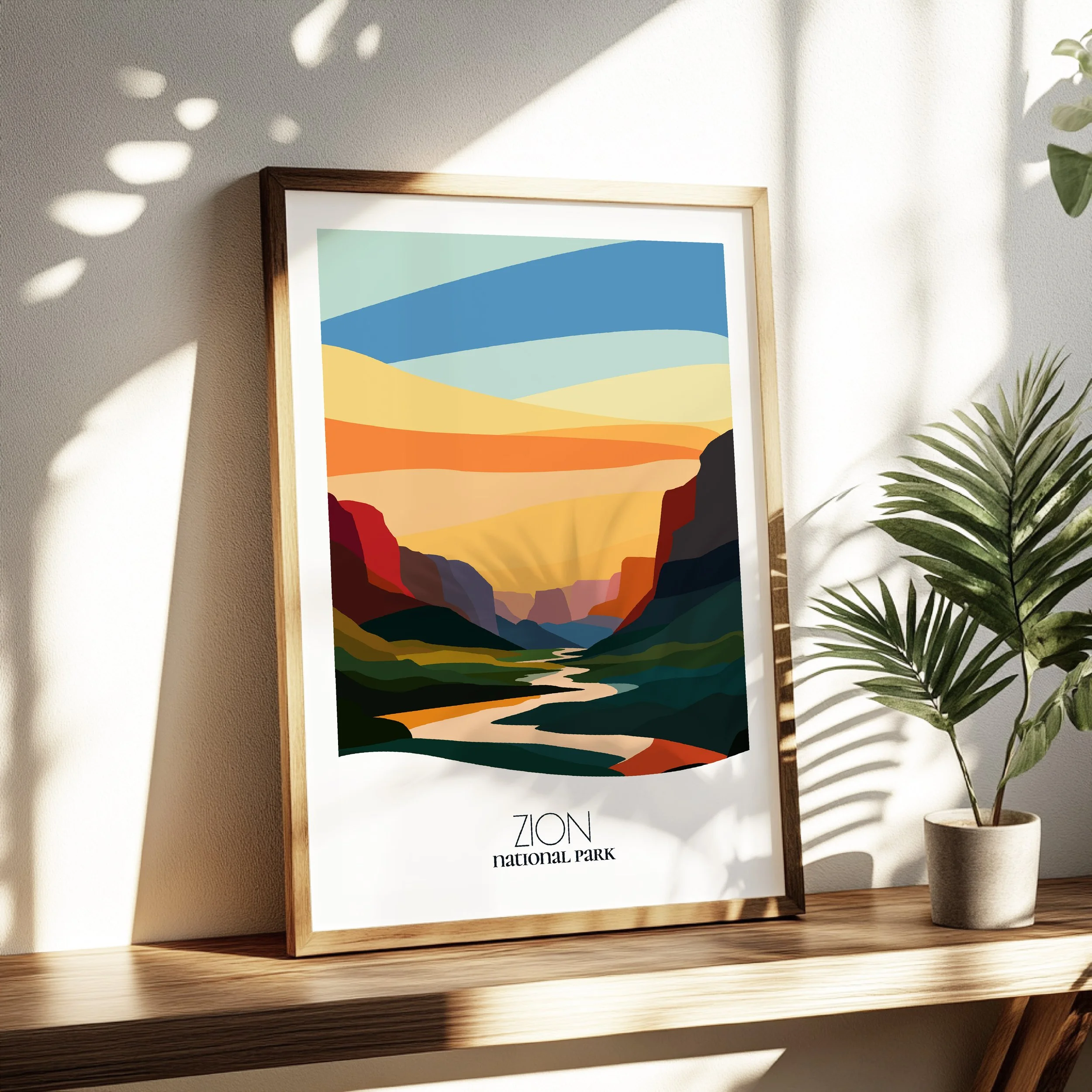 Living room wall decor featuring Zion National Park in neutral tones for modern interiors.