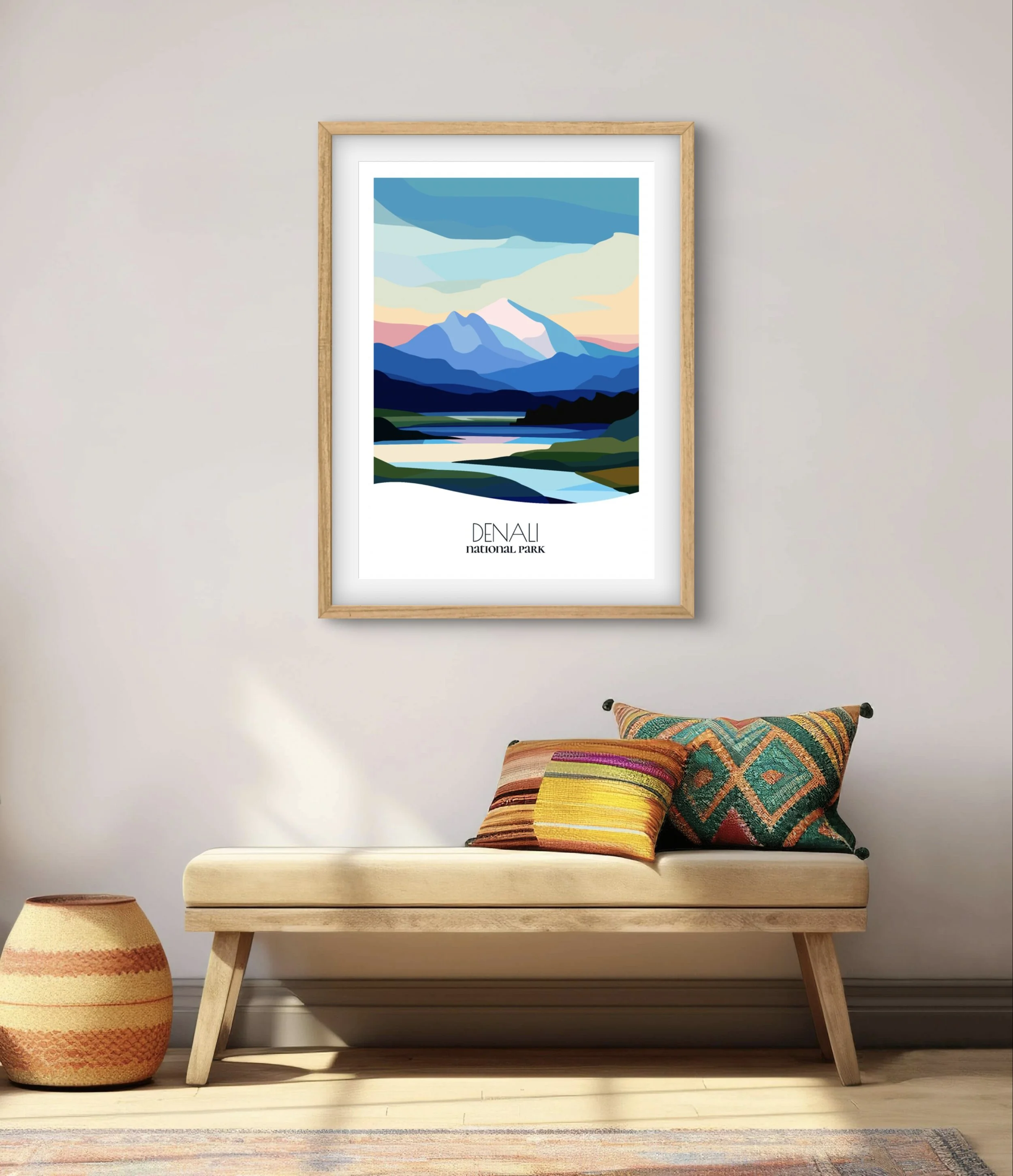 Modern minimalist art of Denali National Park, versatile decor for home and office.