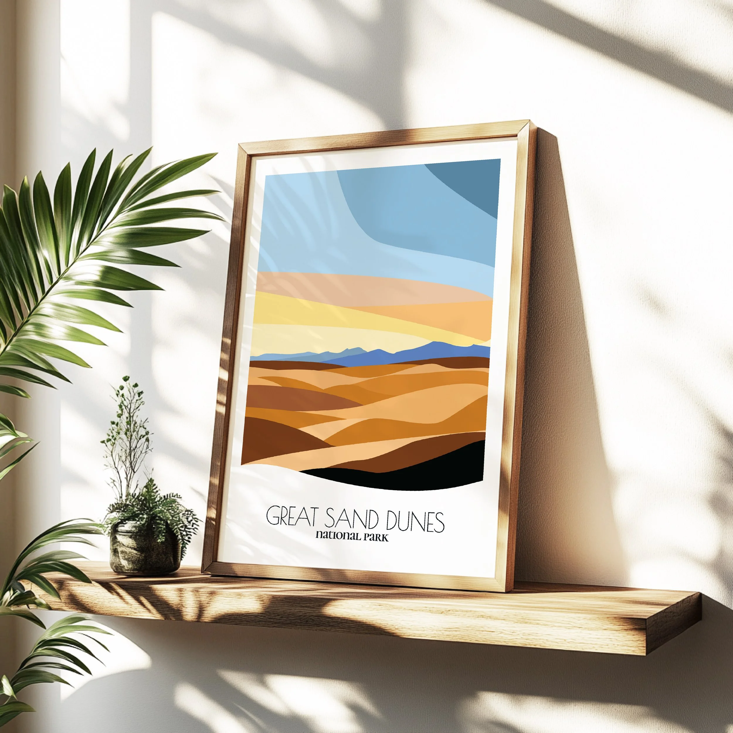 Minimalist travel poster of Great Sand Dunes National Park and Preserve with clean modern design for travelers.