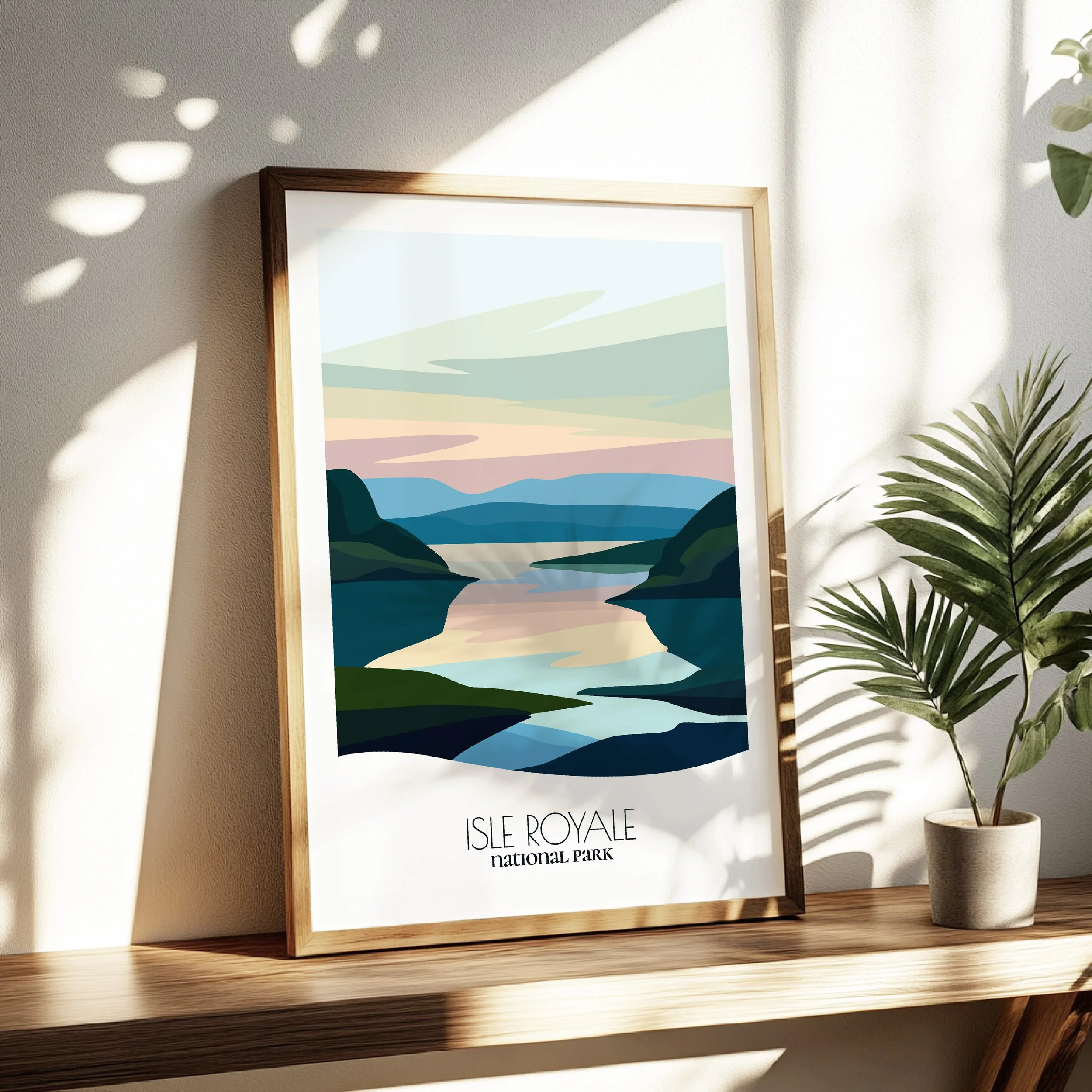 Living room wall decor featuring Isle Royale National Park in neutral tones for modern interiors.