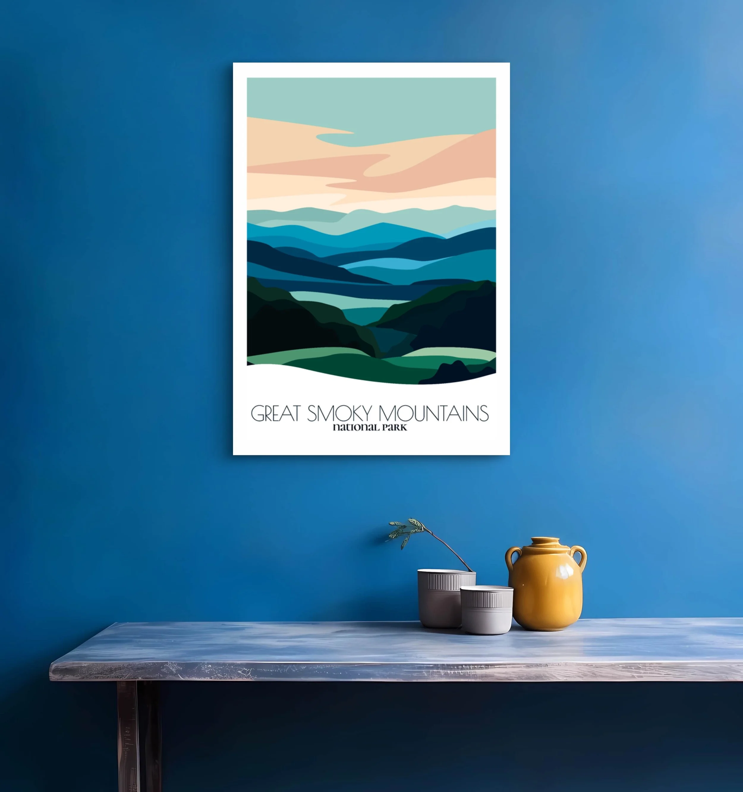Bedroom print of Great Smoky Mountains National Park with calming minimalist composition for North Carolina and Tennessee homes.