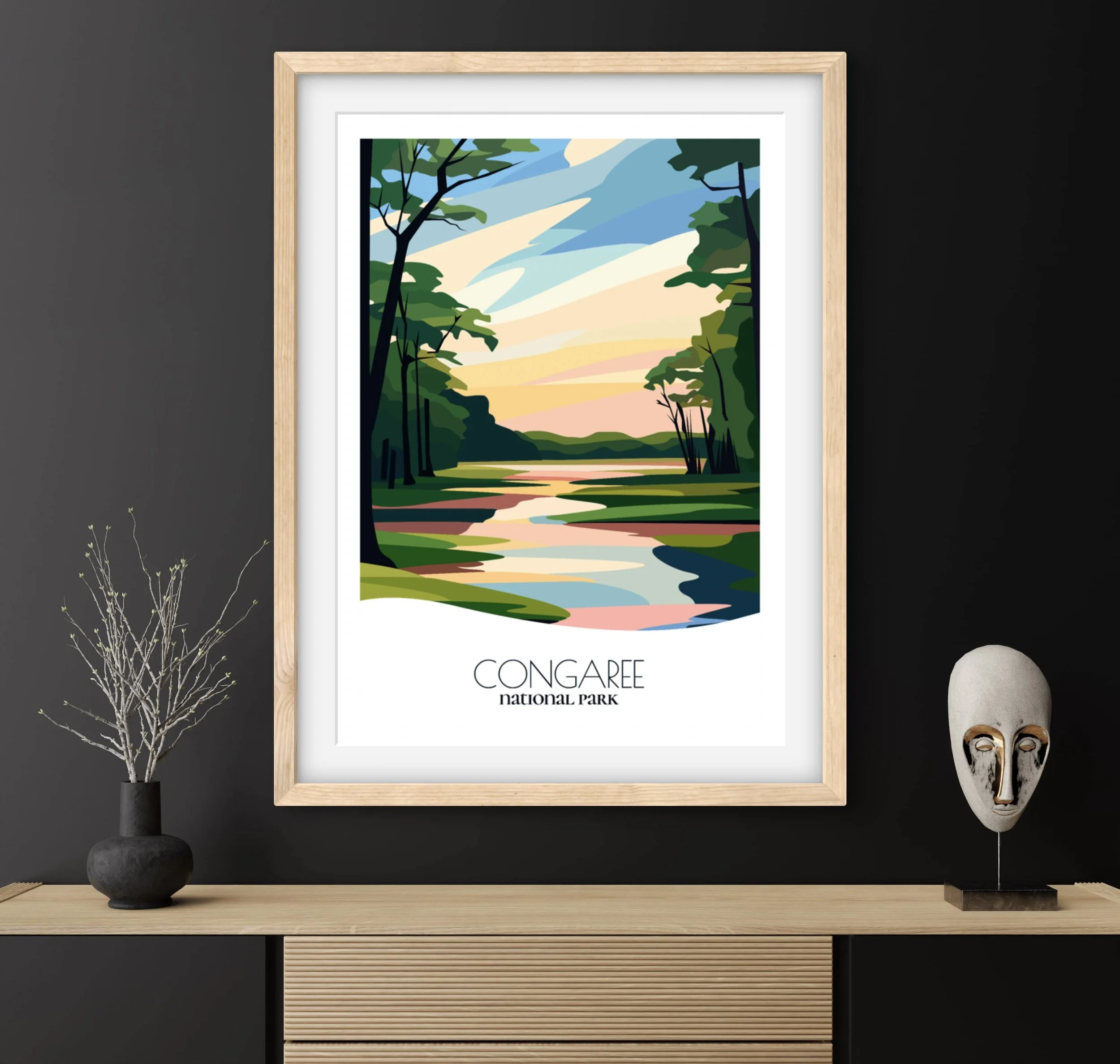 Travel gift idea: framed poster of Congaree National Park, ideal for adventure lovers.